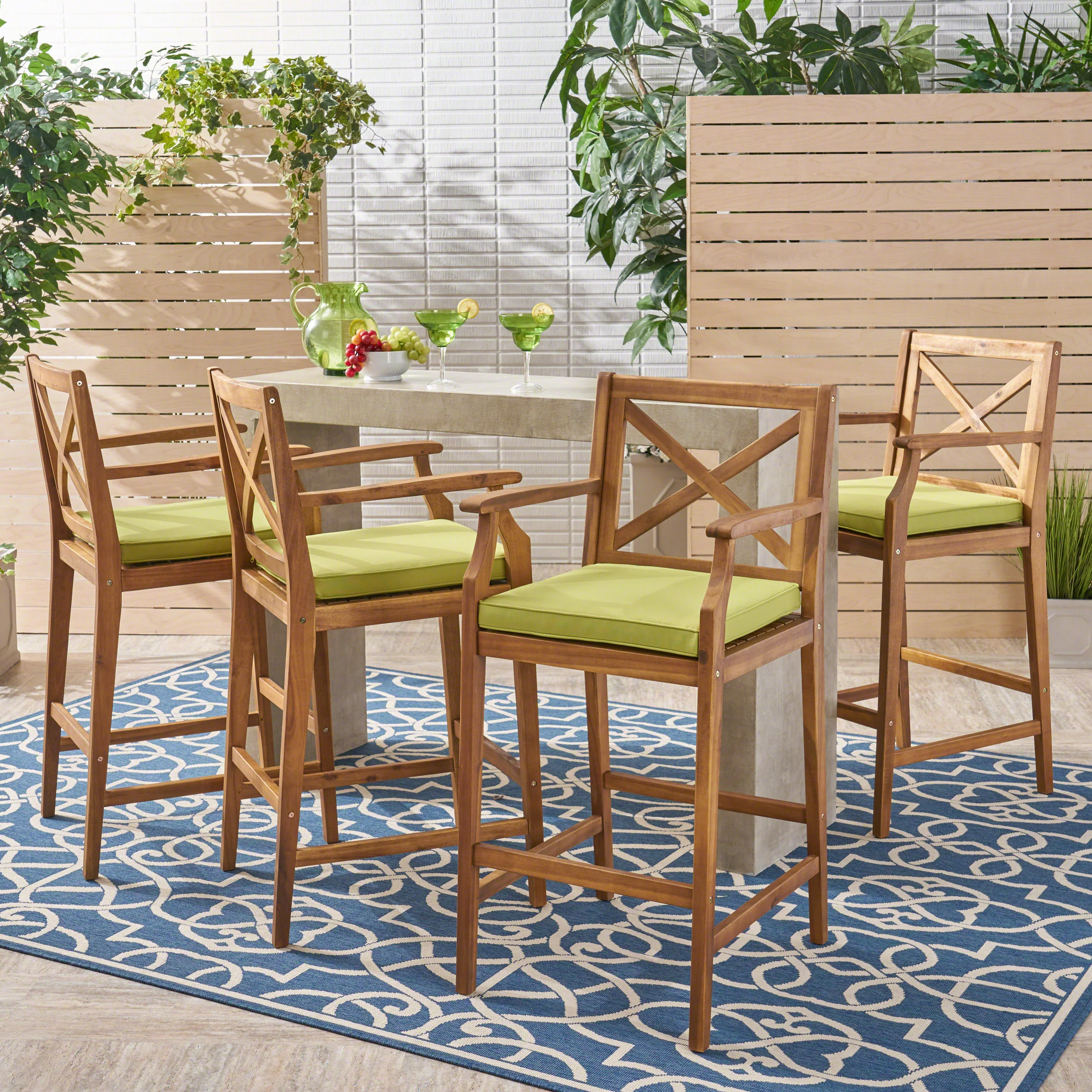Doric Outdoor Rustic Acacia Wood Barstools with Cushions (Set of 4) - furnishings