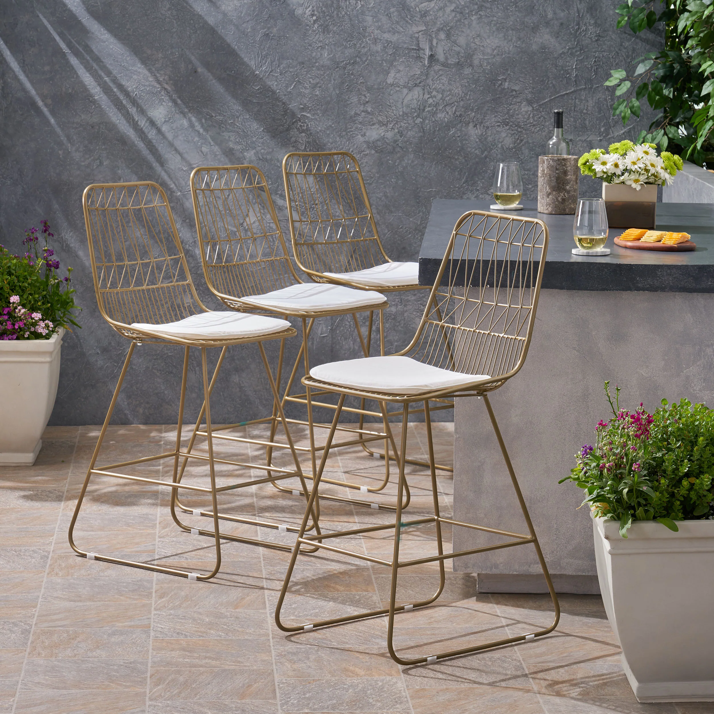 Hedy Outdoor Wire Counter Stools with Cushions (Set of 4) - furnishings