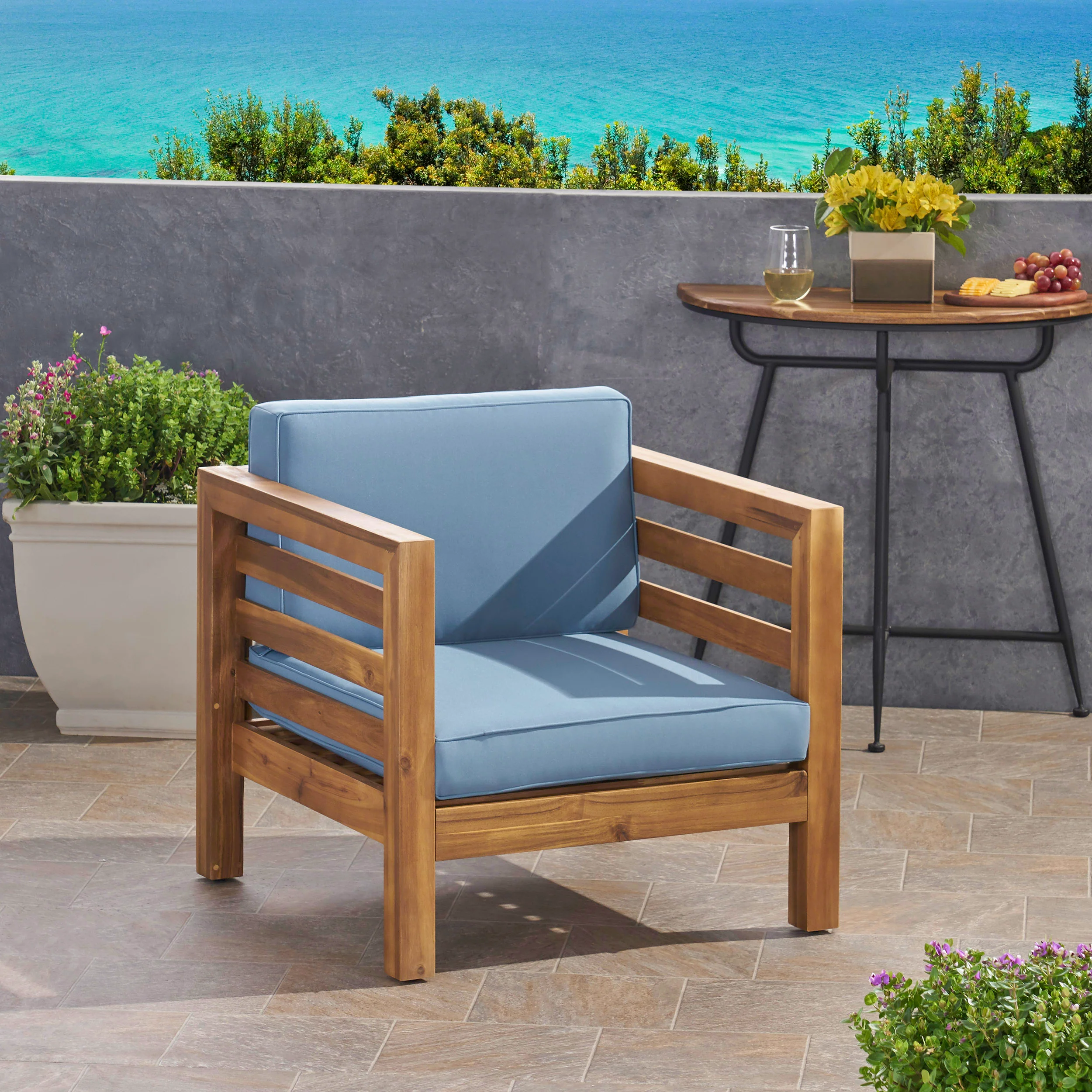 Louise Outdoor Acacia Wood Club Chair with Cushion - furnishings