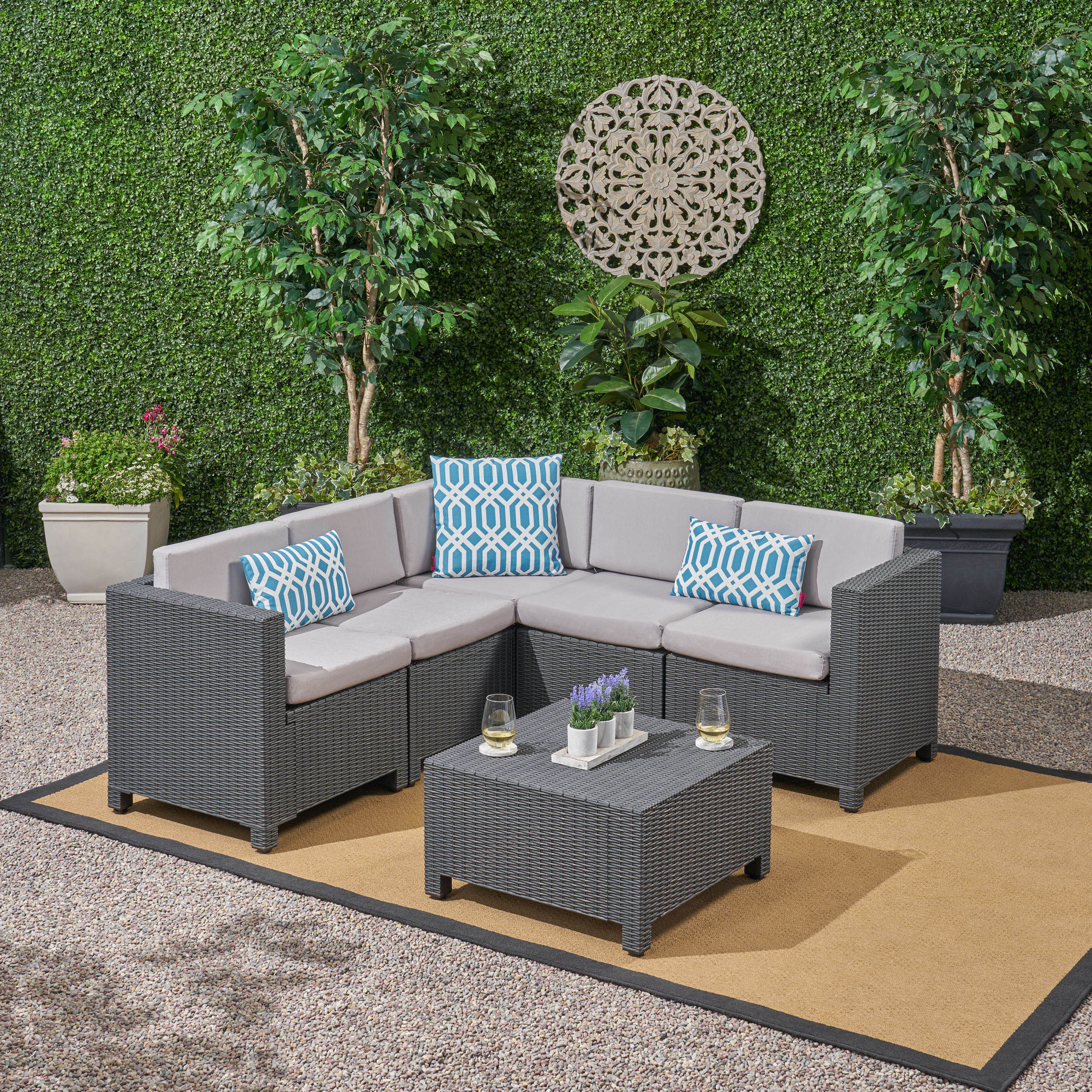 Riley Outdoor All Weather Faux Wicker 5 Seater Sectional Sofa Set with Cushions - furnishings