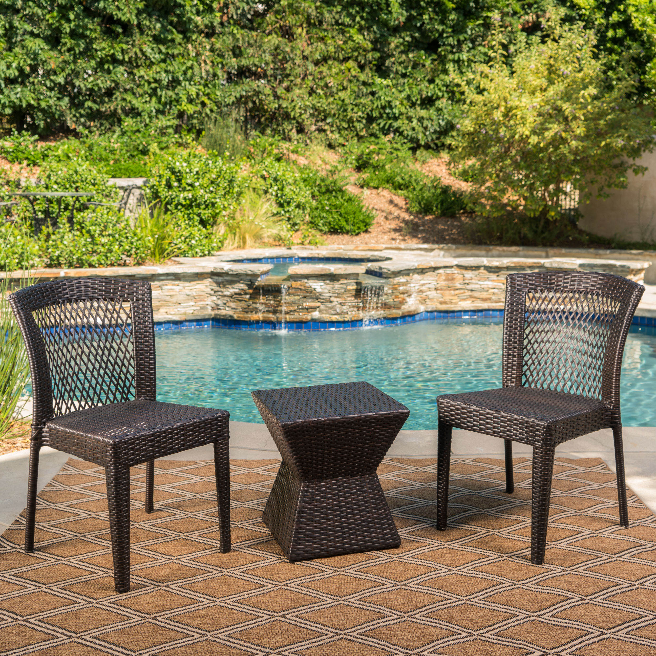 Malsborough Outdoor 3 Piece Multi-Brown Wicker Chat Set with Stacking Chairs - furnishings