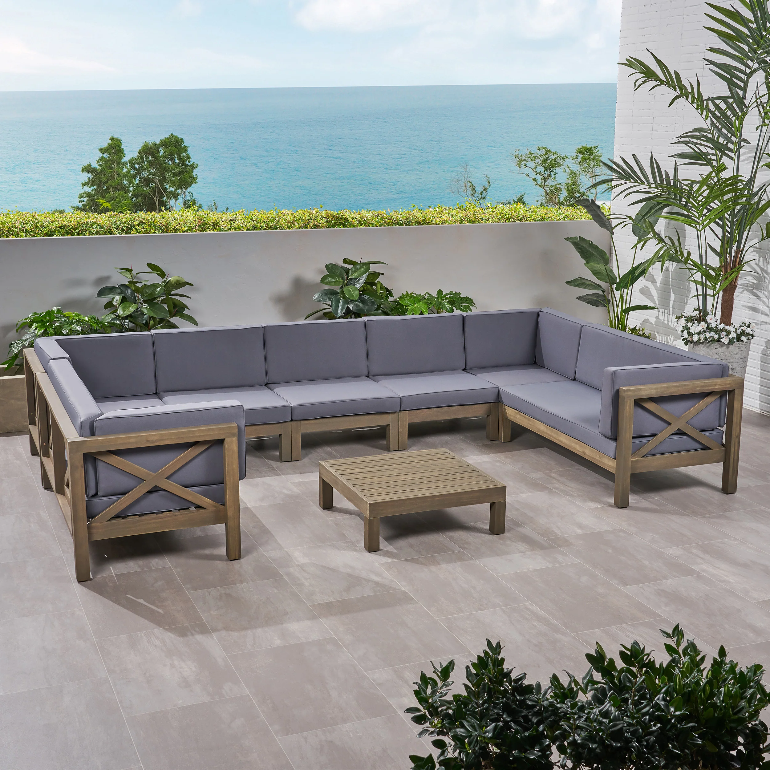 Isabella Outdoor 9 Seater Acacia Wood Sectional Sofa Set - furnishings