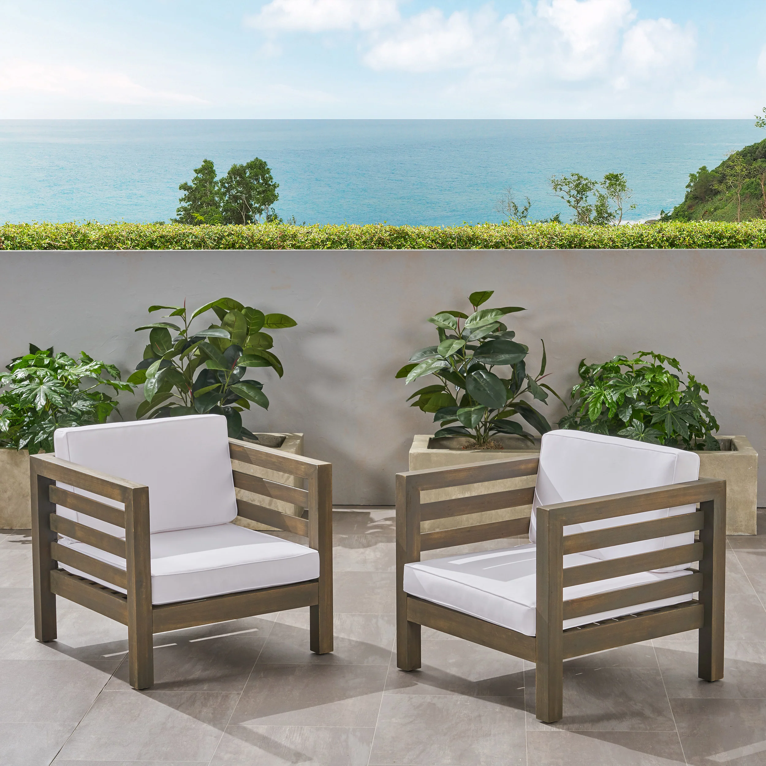 Louise Outdoor Acacia Wood Club Chairs with Cushions (Set of 2) - furnishings