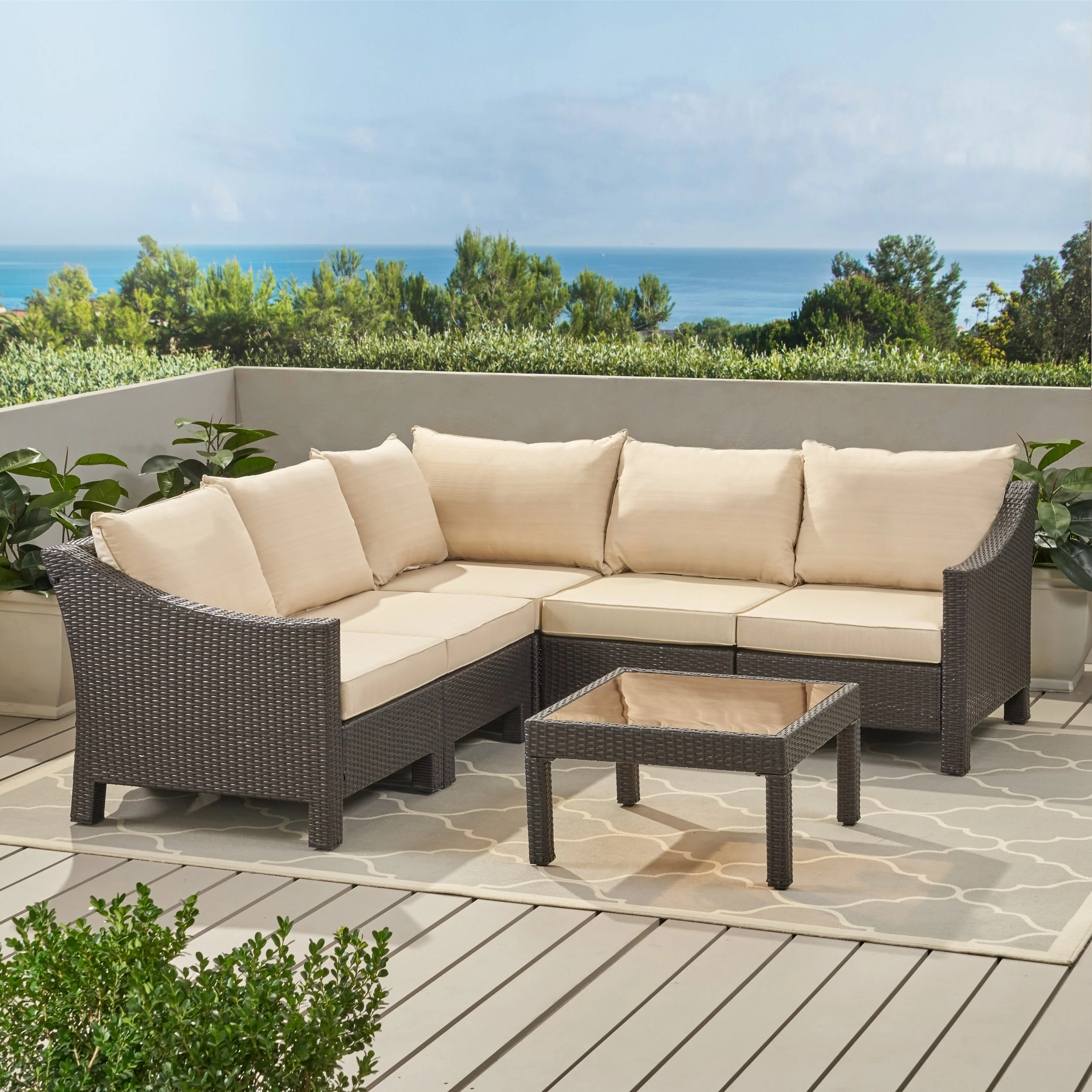 Caspian 6pc Outdoor Wicker V-shaped Sectional Sofa Set w/ Cushions - furnishings