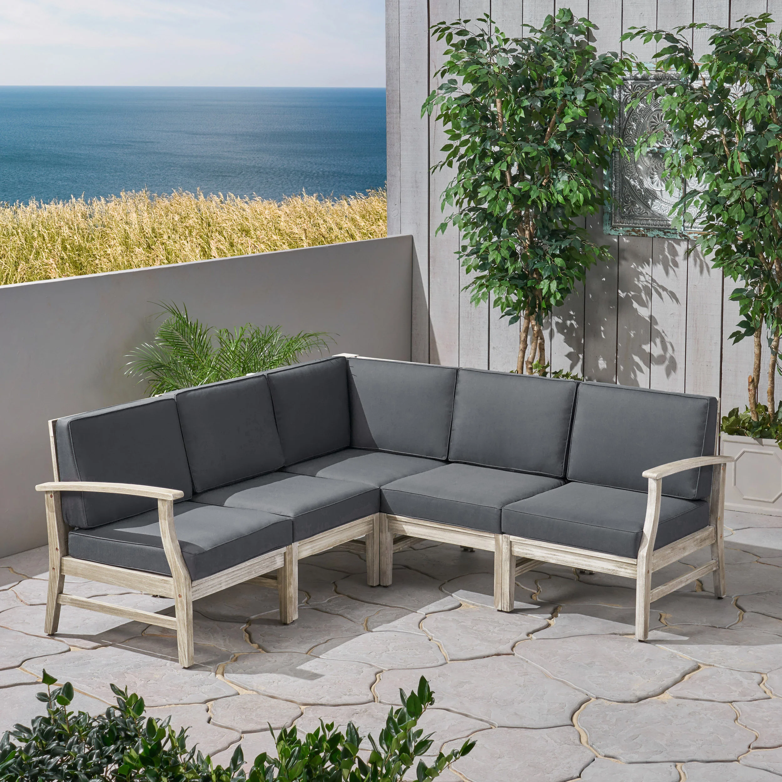 Capri Outdoor 5 Piece Acacia Wood Sectional Sofa Set - furnishings