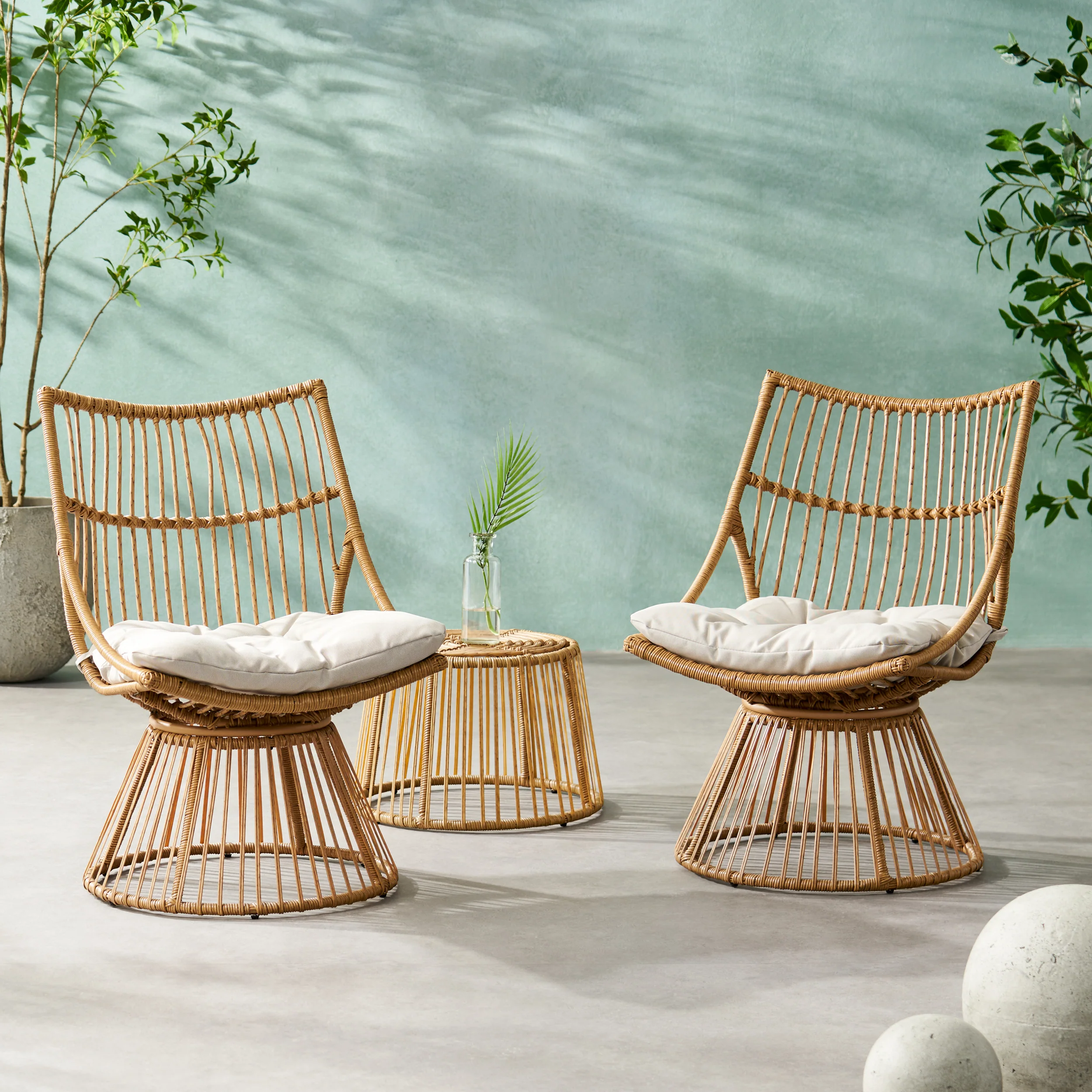 Apulia Outdoor Wicker 2 Seater Chat Set with Cushion, Light Brown and Beige - furnishings