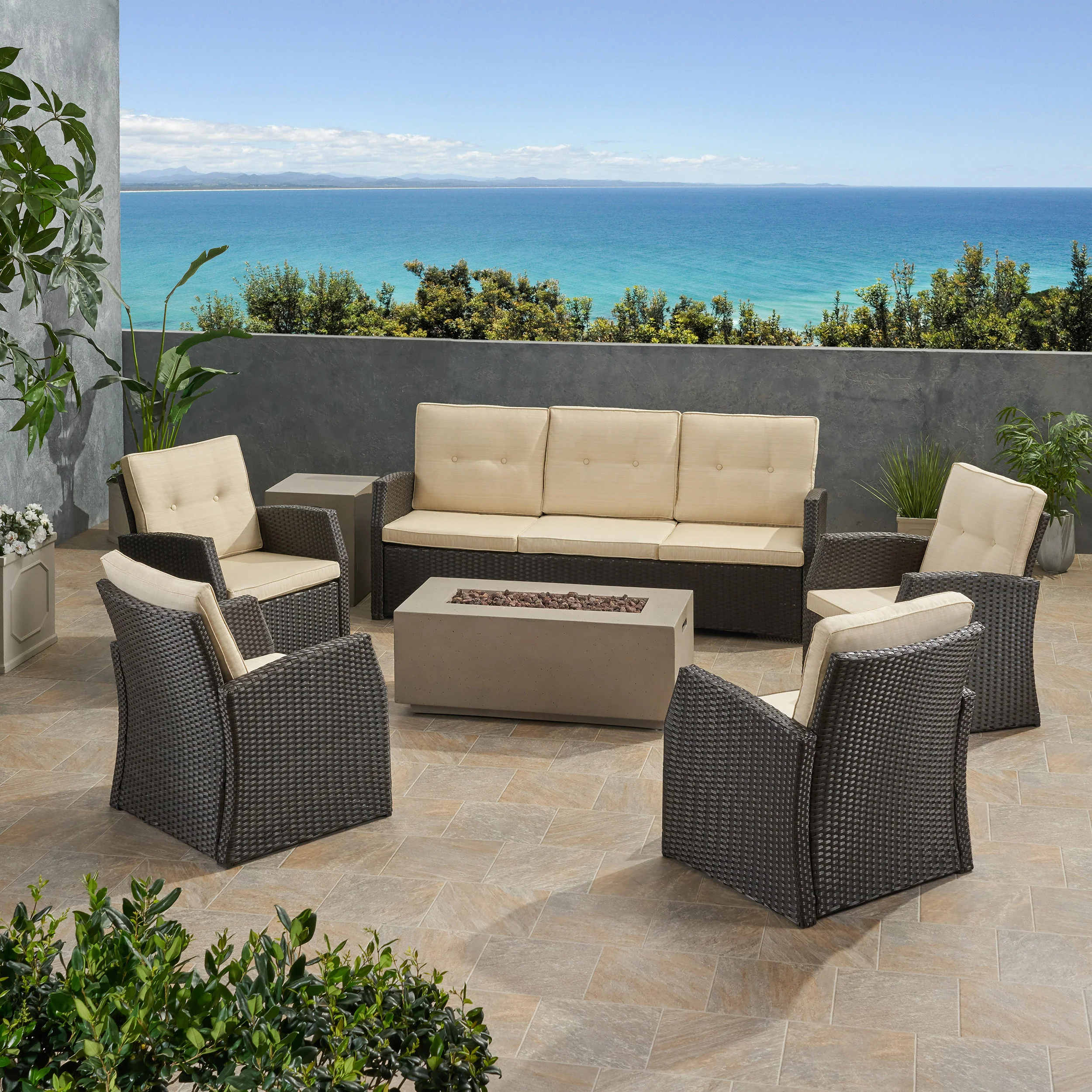 Roswell Outdoor 7 Seater Wicker Chat Set with Light Weight Concrete Fire Pit - furnishings