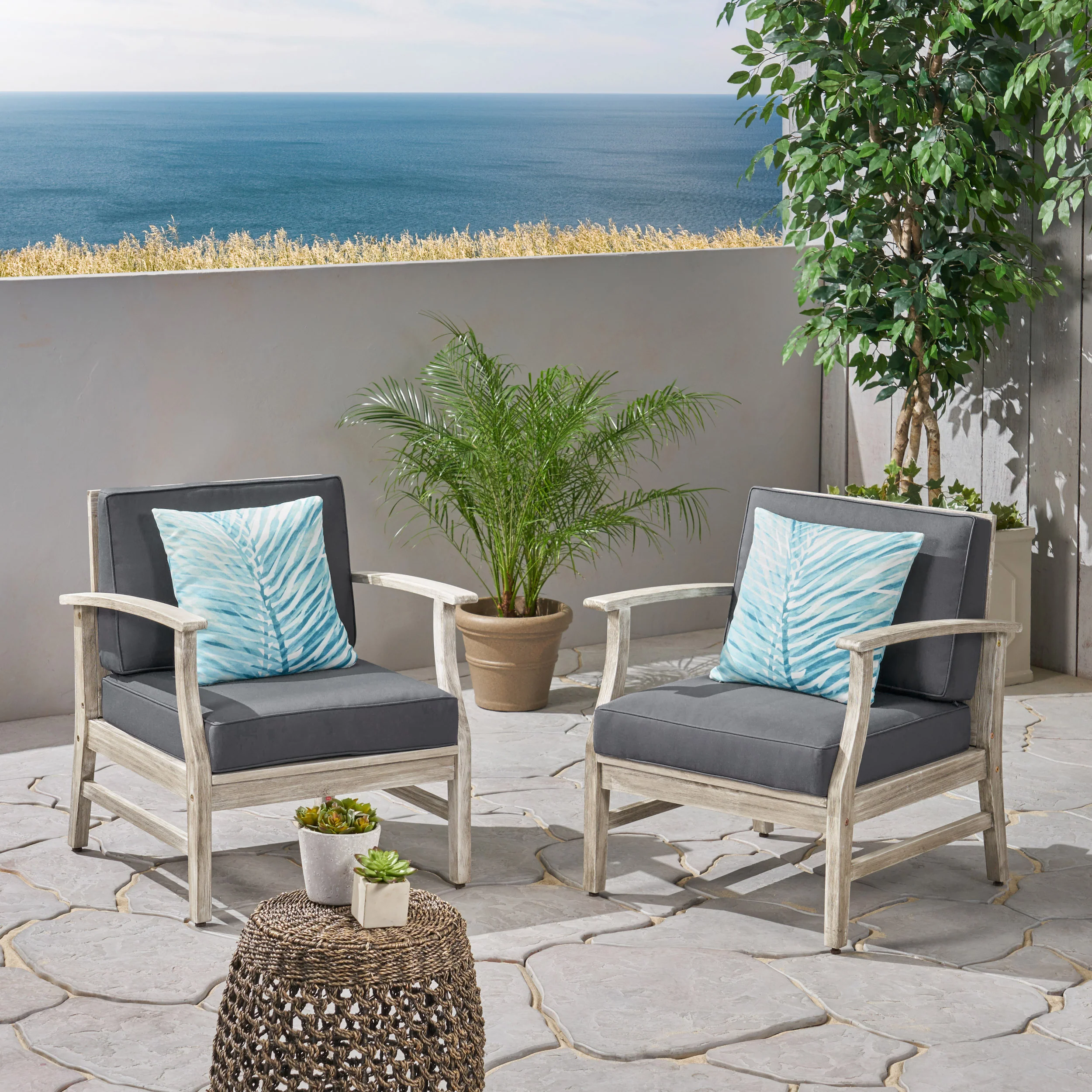 Fanny Outdoor Acacia Wood Club Chairs with Cushions (Set of 2), Light Gray and Dark Gray - furnishings