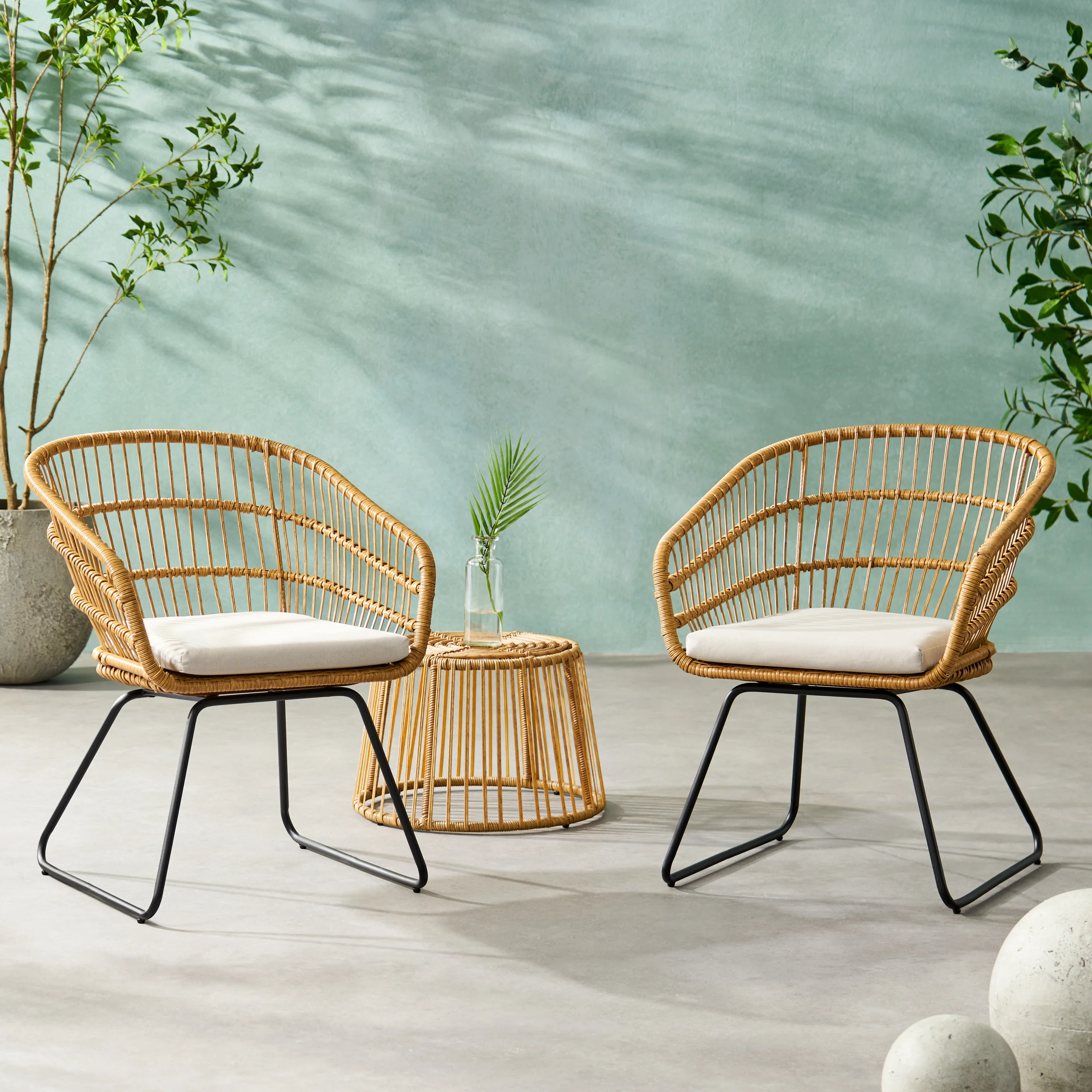 Edson Outdoor Wicker 2 Seater Chat Set with Cushion, Light Brown, Beige, and Black - furnishings