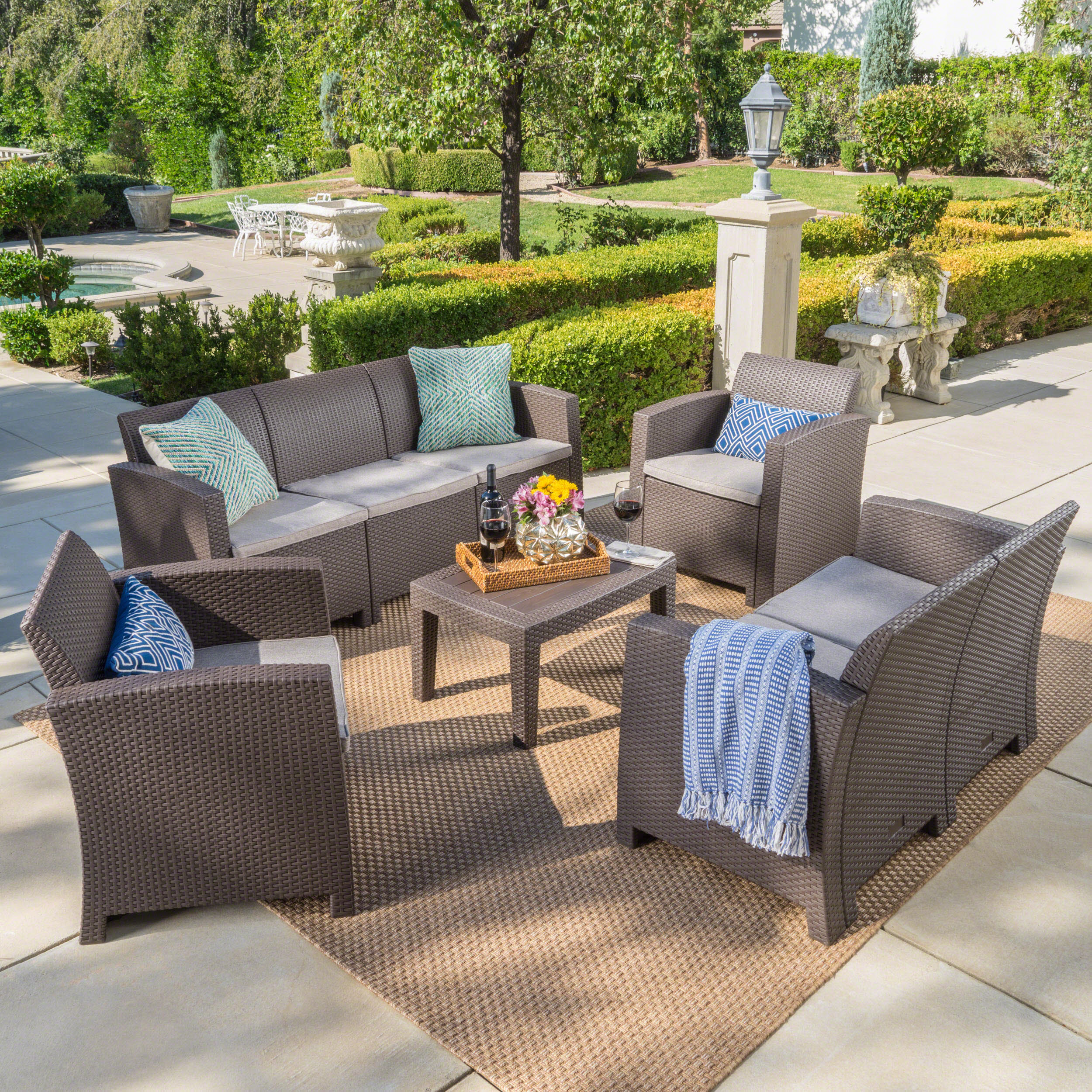 Dayton Outdoor 5 Piece Faux Wicker Rattan Chat Set with Sofa and Water Resistant Cushions - furnishings