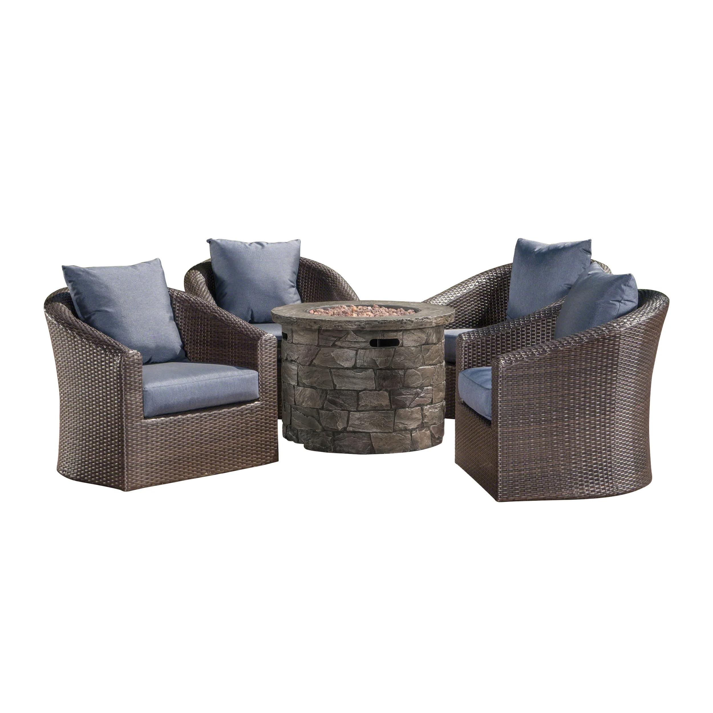 Zippa Outdoor 5 Piece Wicker Swivel Club Chair Fire Pit Chat Set - furnishings