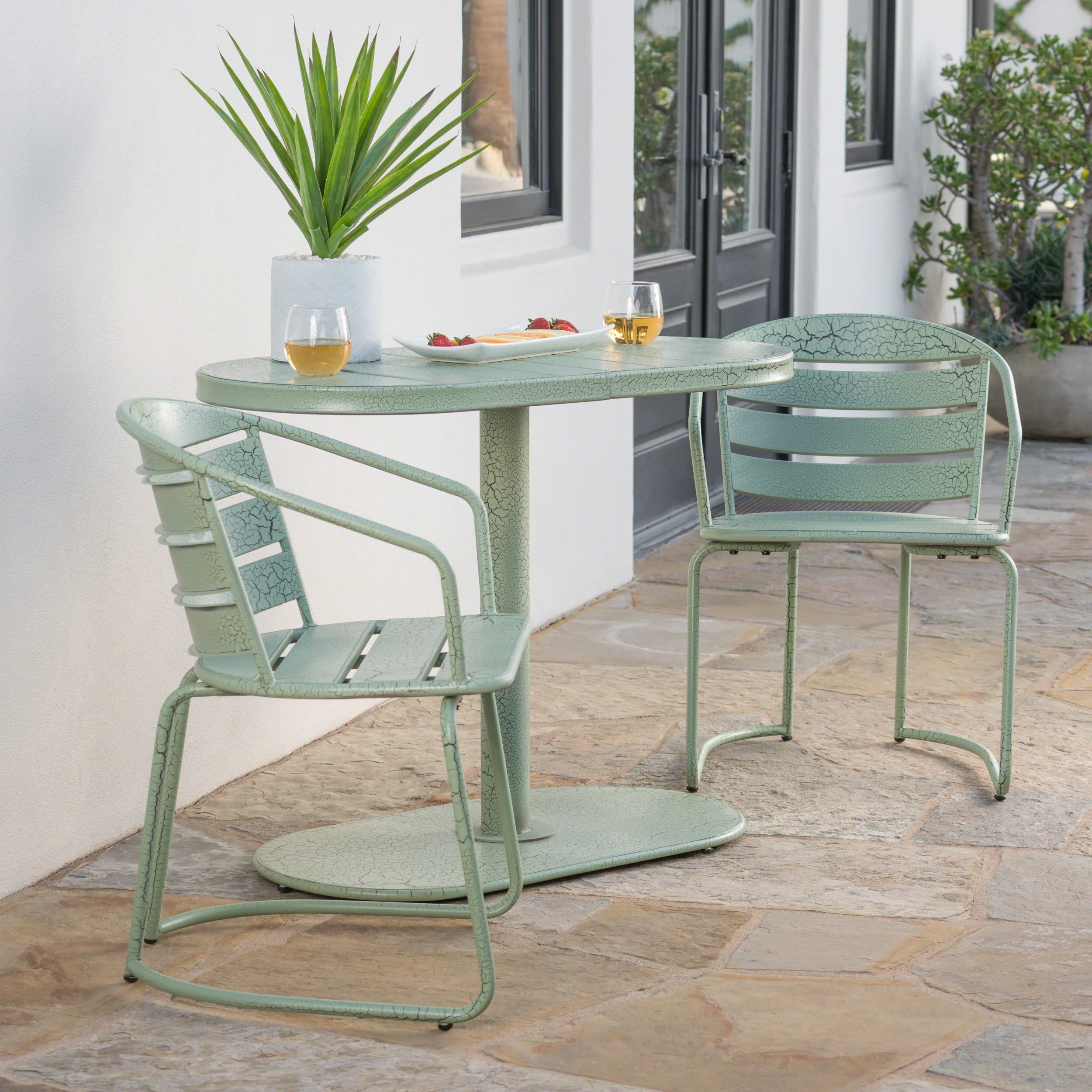 Porto Outdoor 3 Piece Crackle Finished Iron Bistro Set - furnishings