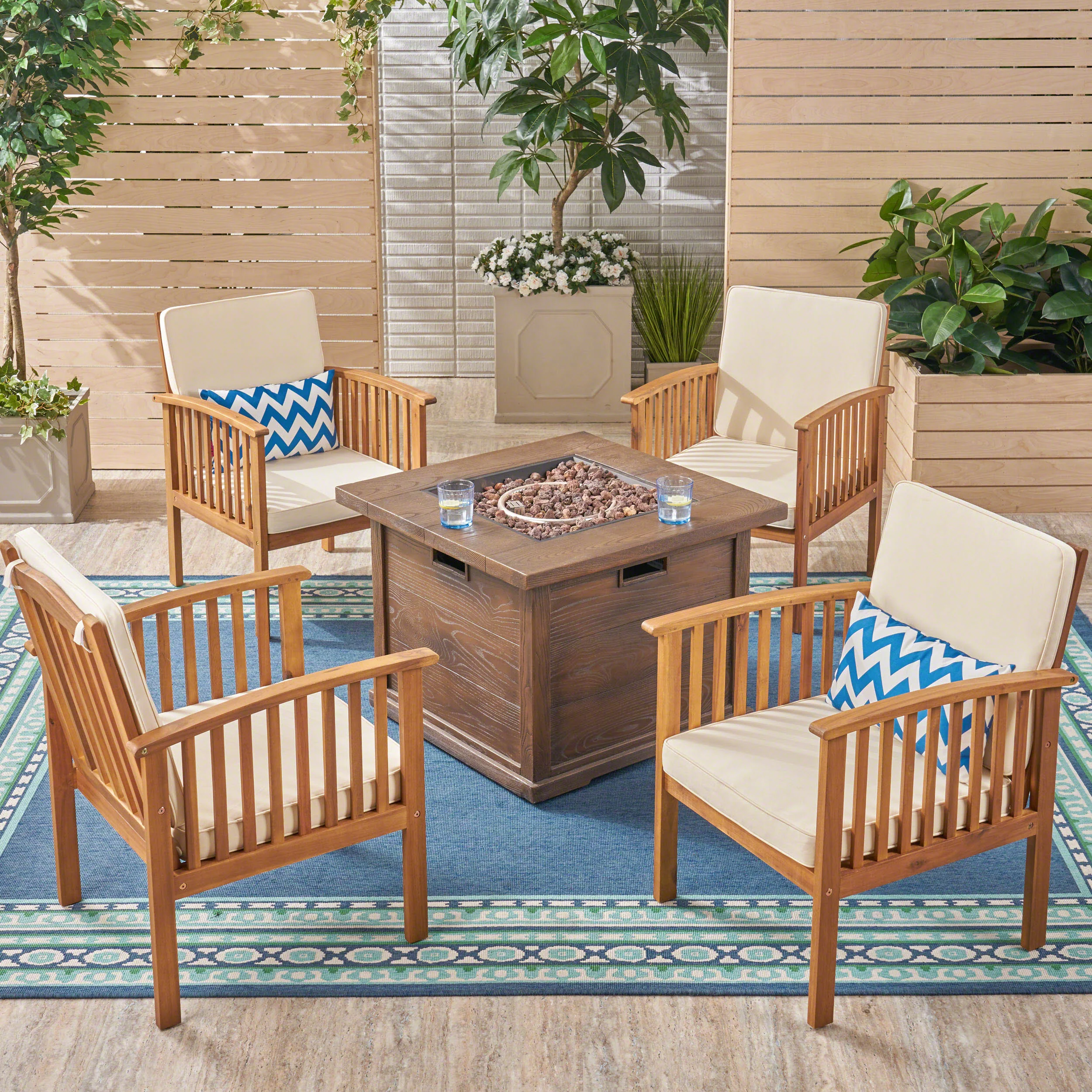 Cape Outdoor 4-Seater Acacia Wood Club Chairs with Firepit - furnishings