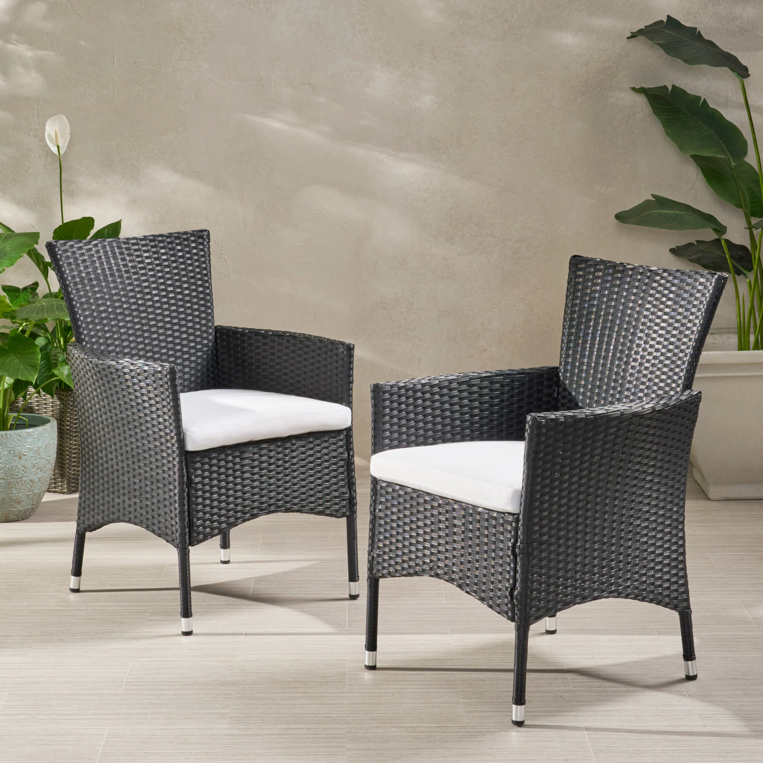 Clementine Outdoor Wicker Dining Chairs with Water Resistant Cushions - Set of 2 - furnishings