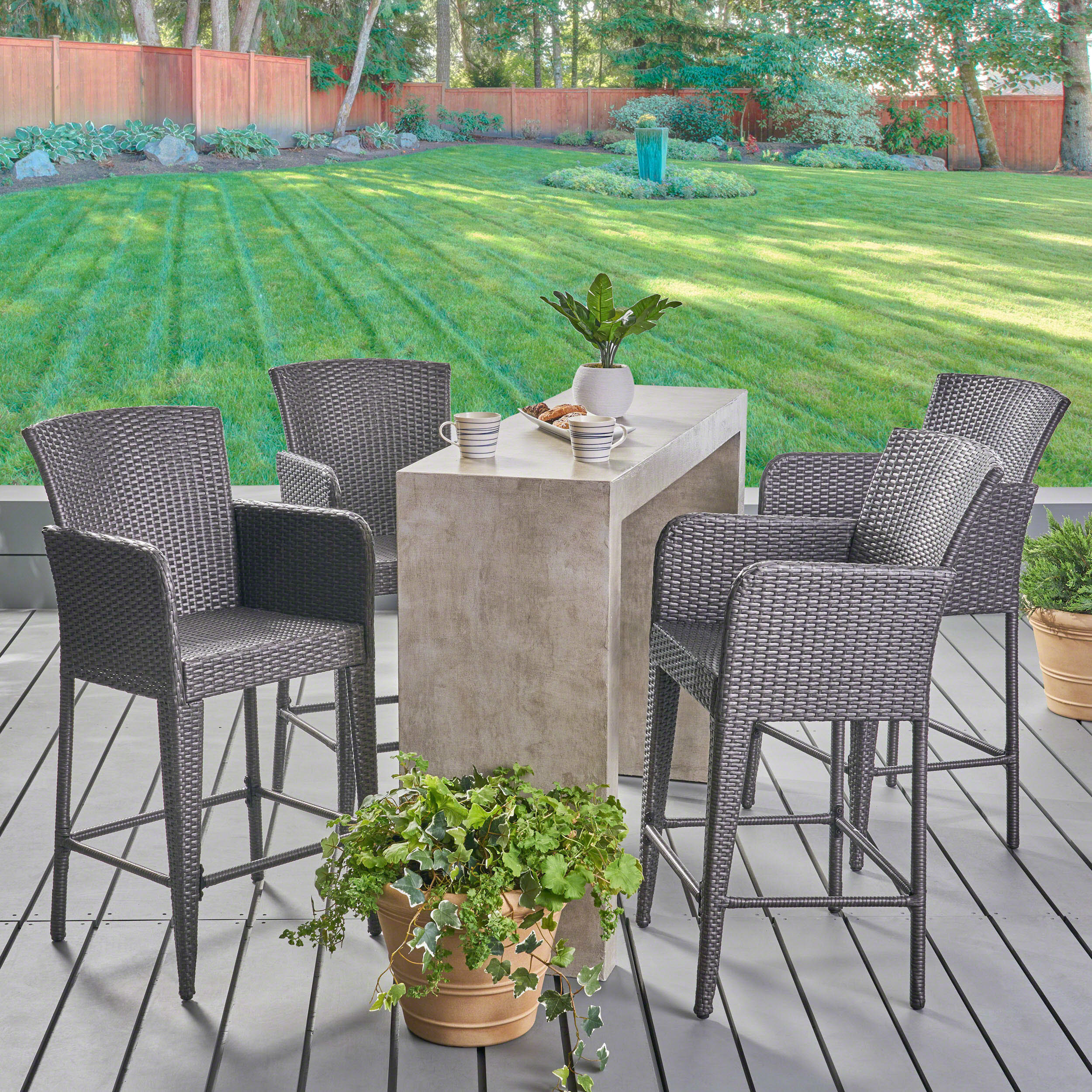 Welmas Outdoor 38 Inch Wicker Barstool (Set of 4), Grey - furnishings
