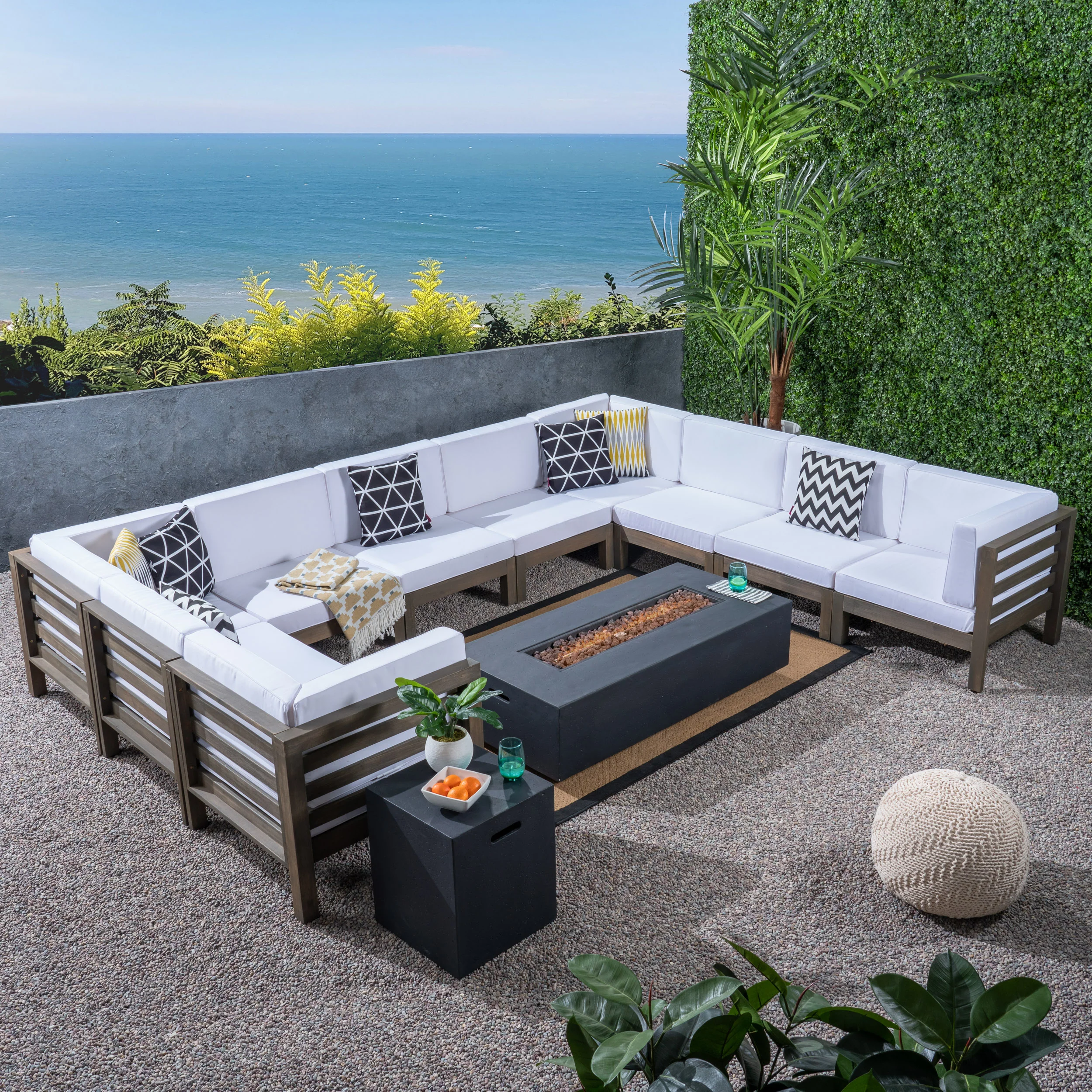 Ravello Outdoor 12 Piece U-Shaped Sectional Sofa Set with Fire Pit - furnishings