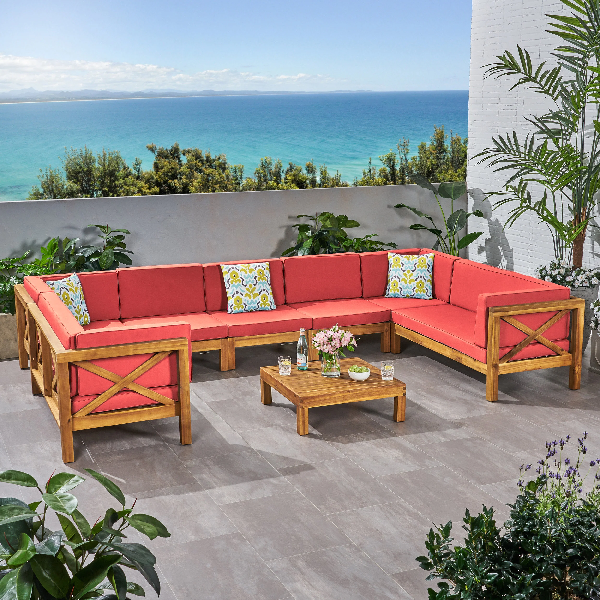 Isabella Outdoor 9 Seater Acacia Wood Sectional Sofa Set - furnishings