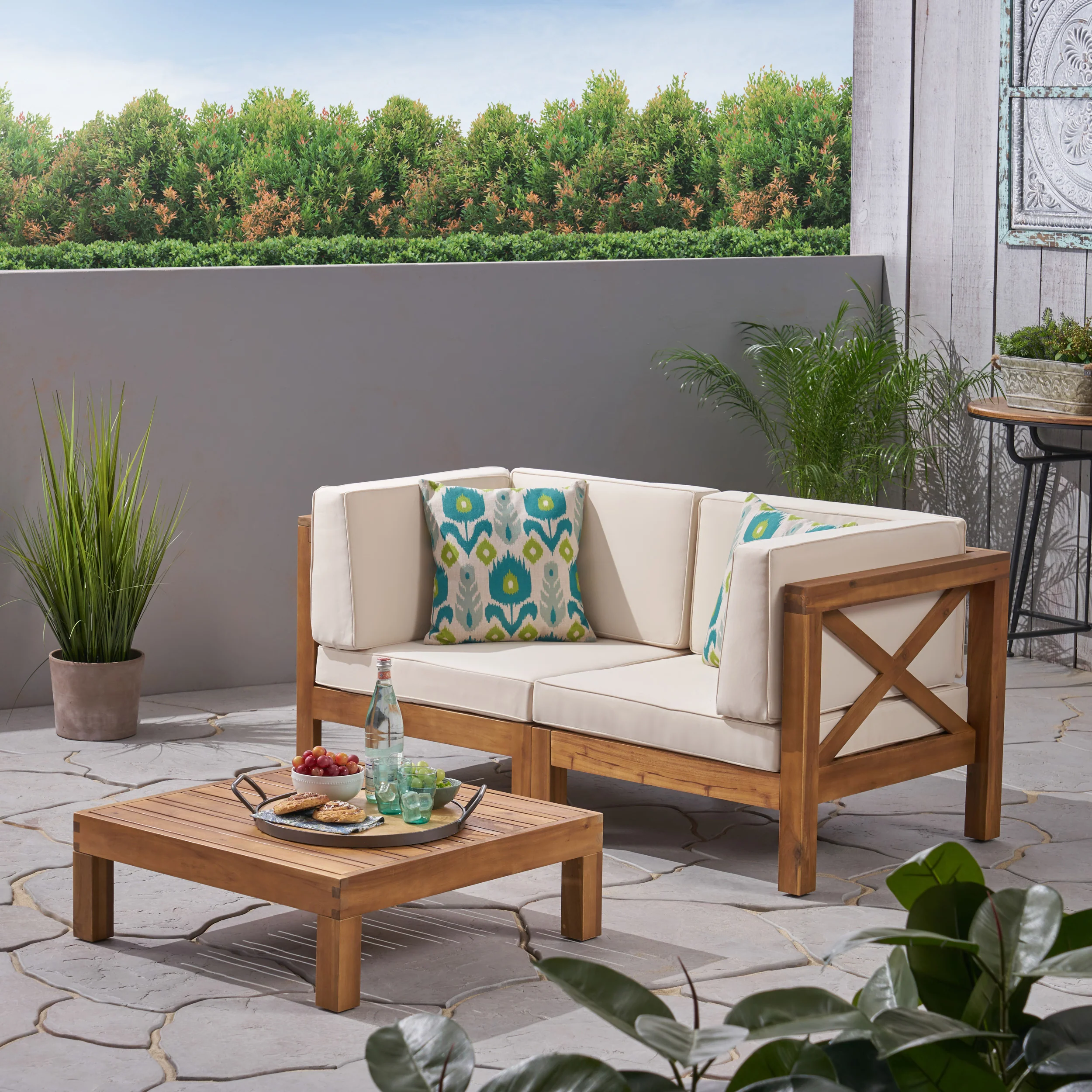 Brava Outdoor Modular Acacia Wood Sofa with Cushions and Coffee Table Set - furnishings