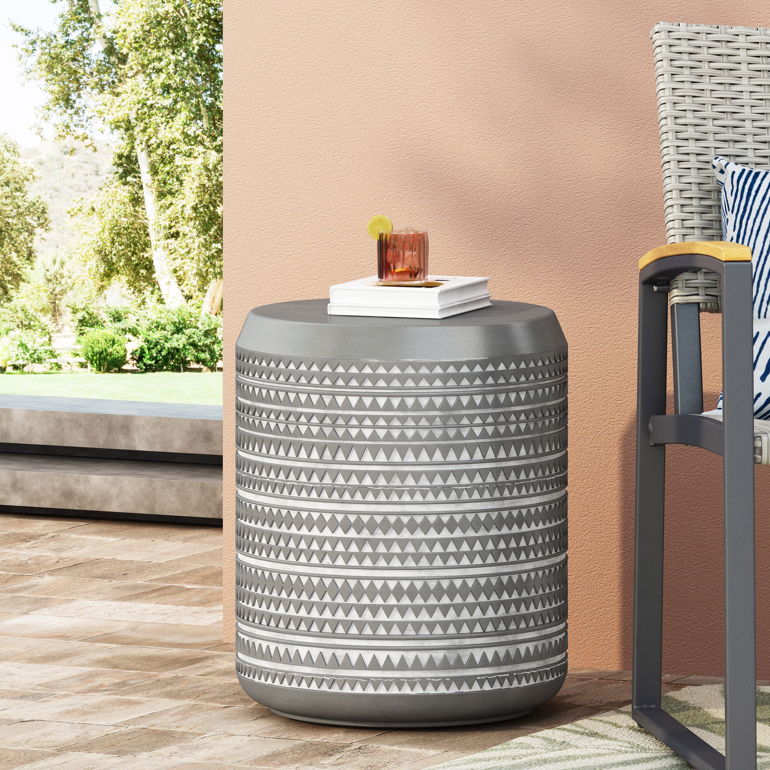 Aquilla Outdoor Lightweight Concrete Side Table, Concrete Finish and White - furnishings