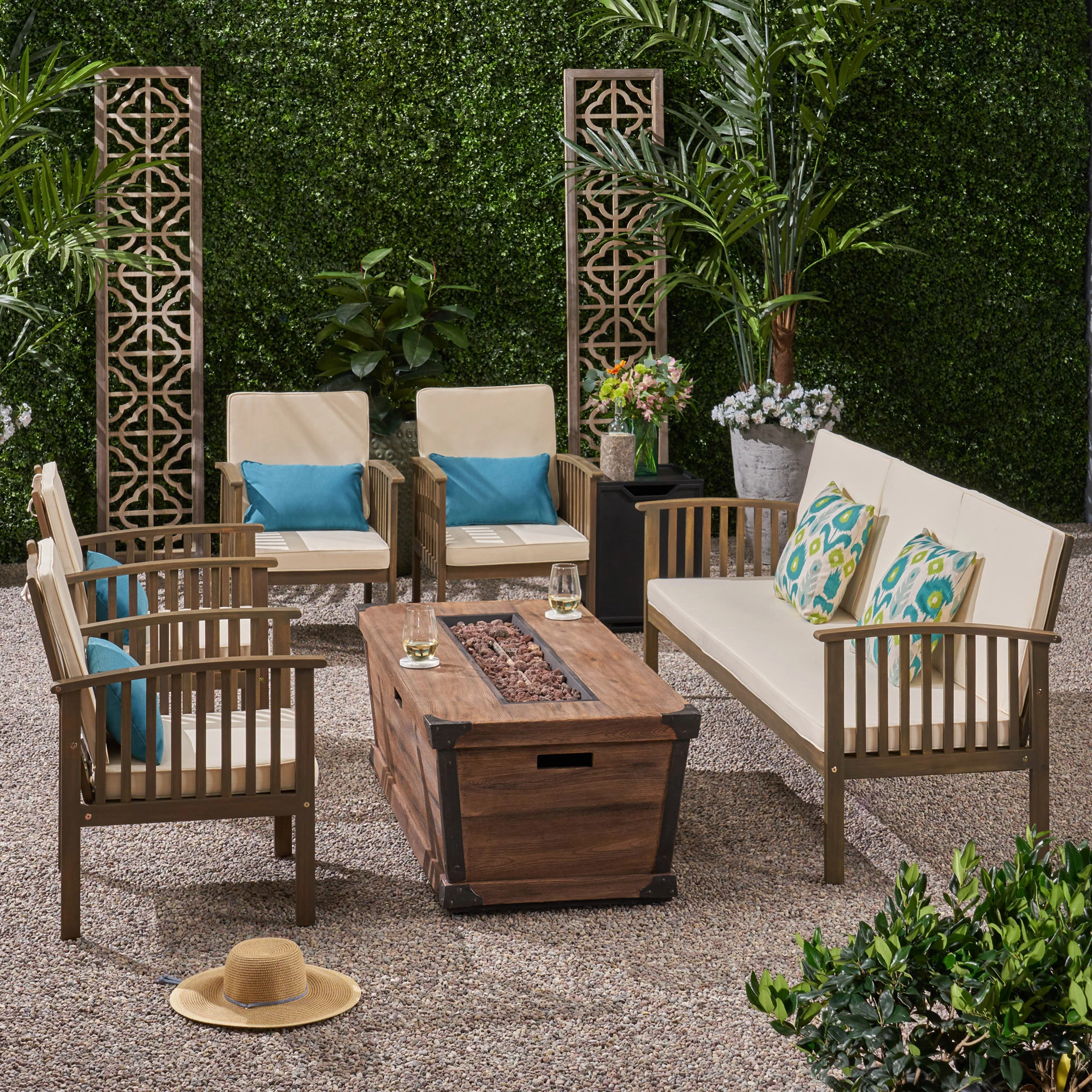 Beckley Outdoor 5 Piece Acacia Wood Conversational Set with Cushions and Fire Pit - furnishings