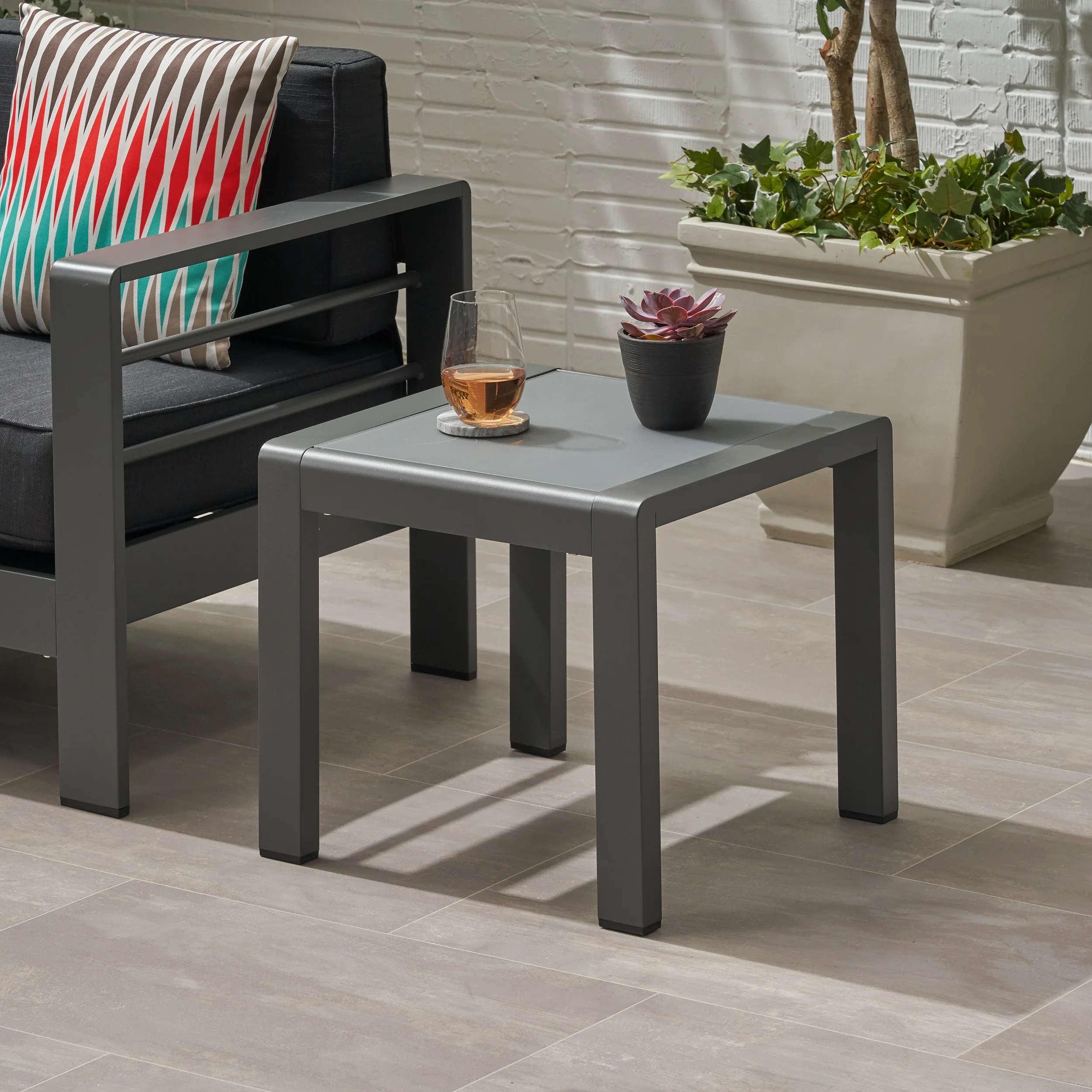 Giovanna Coral Outdoor Aluminum Side Table with Glass Top - furnishings