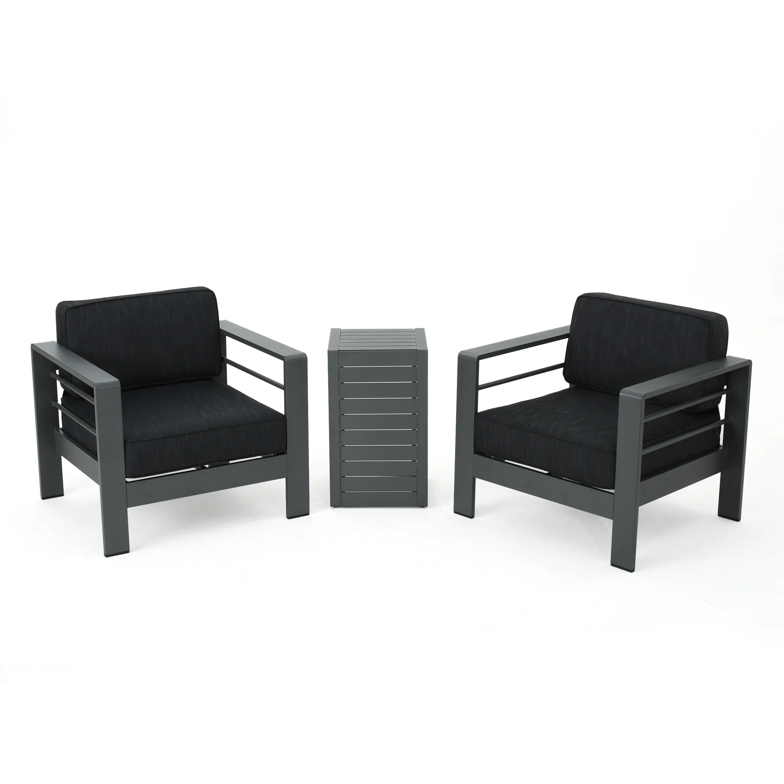 Crested Bay Outdoor Gray Aluminum 3 Piece Chat Set with Water Resistant Cushions - furnishings
