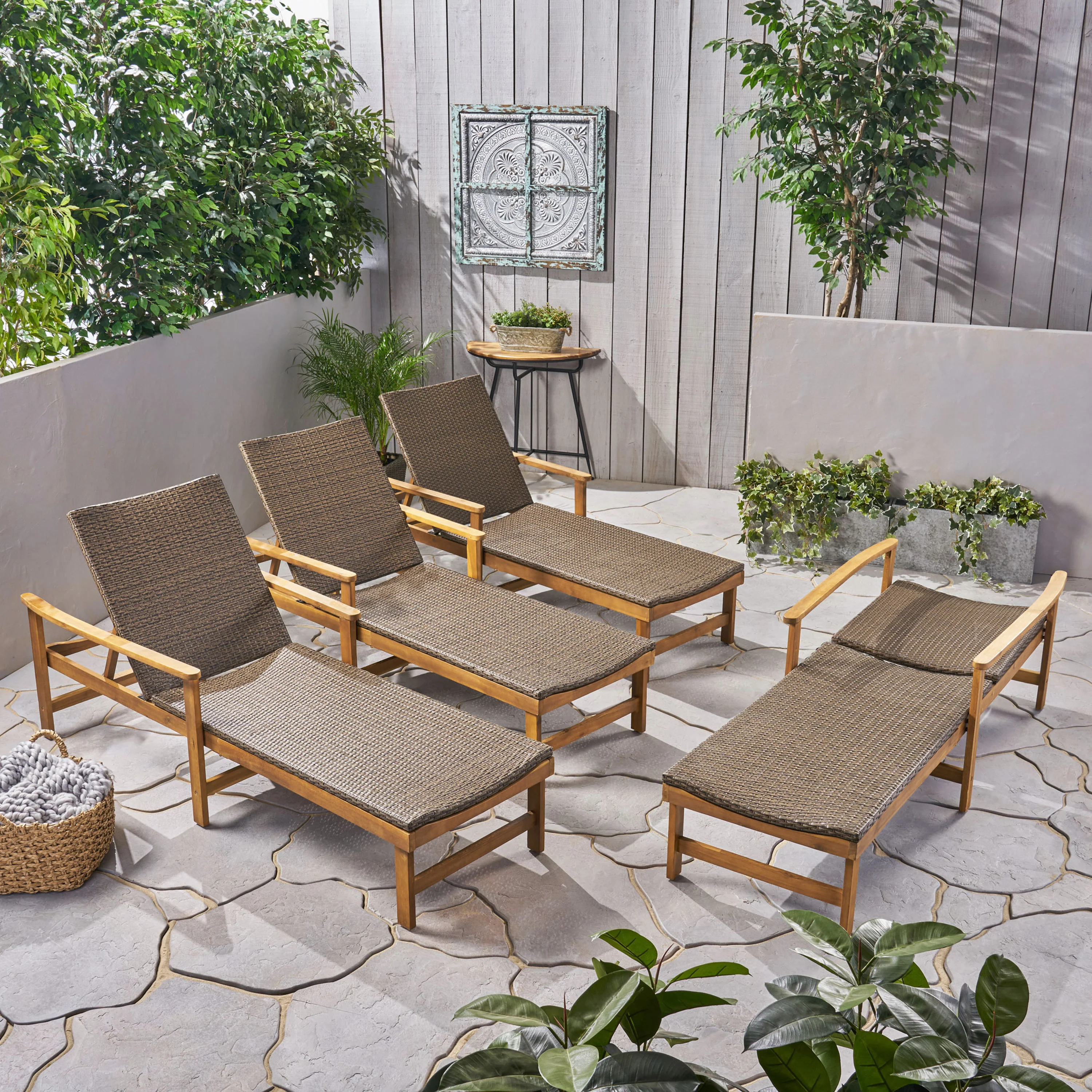Kyle Outdoor Rustic Acacia Wood Chaise Lounge with Wicker Seating - furnishings