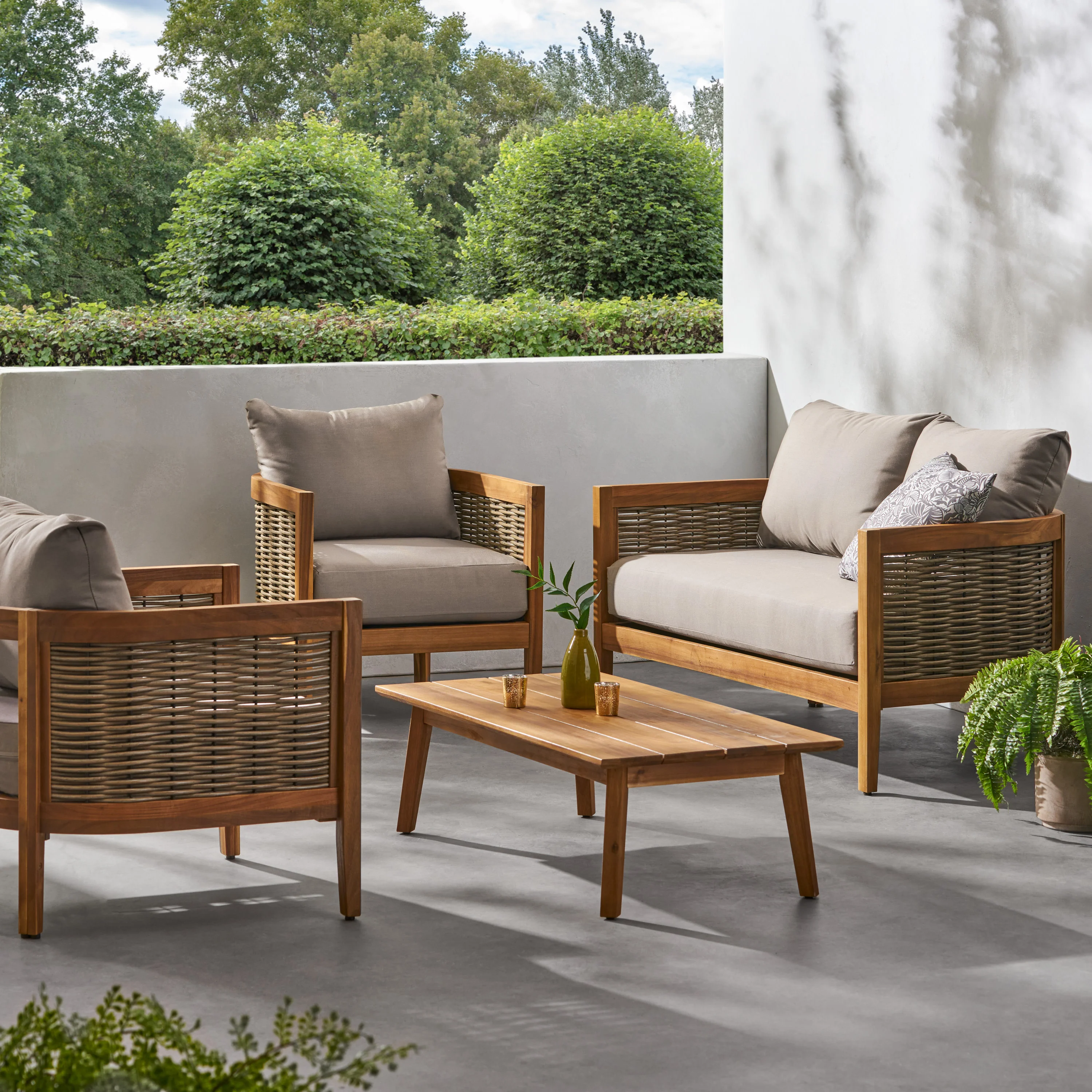 The Crowne Collection Outdoor Acacia Wood and Wicker 4 Seater Chat Set with Sunbrella Cushions - furnishings