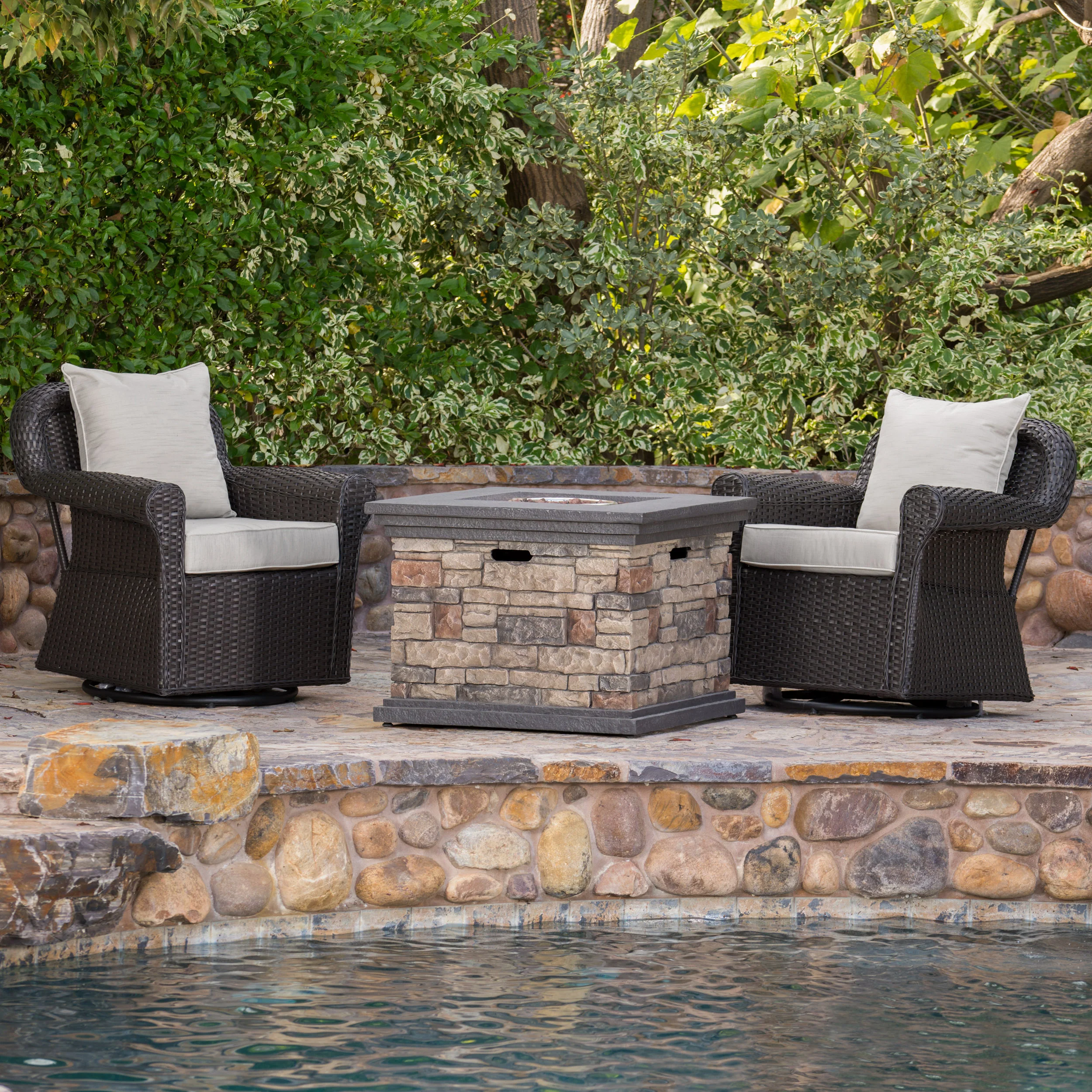 Augusta Outdoor 3 Piece Wicker Rocker and Gas Firepit Set - furnishings
