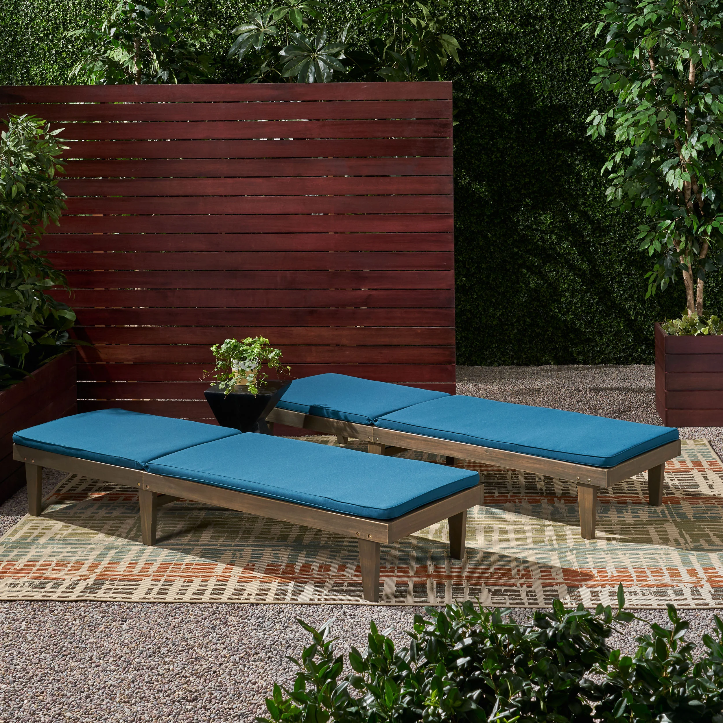 Nadine Outdoor Modern Acacia Wood Chaise Lounge with Cushion (Set of 2) - furnishings