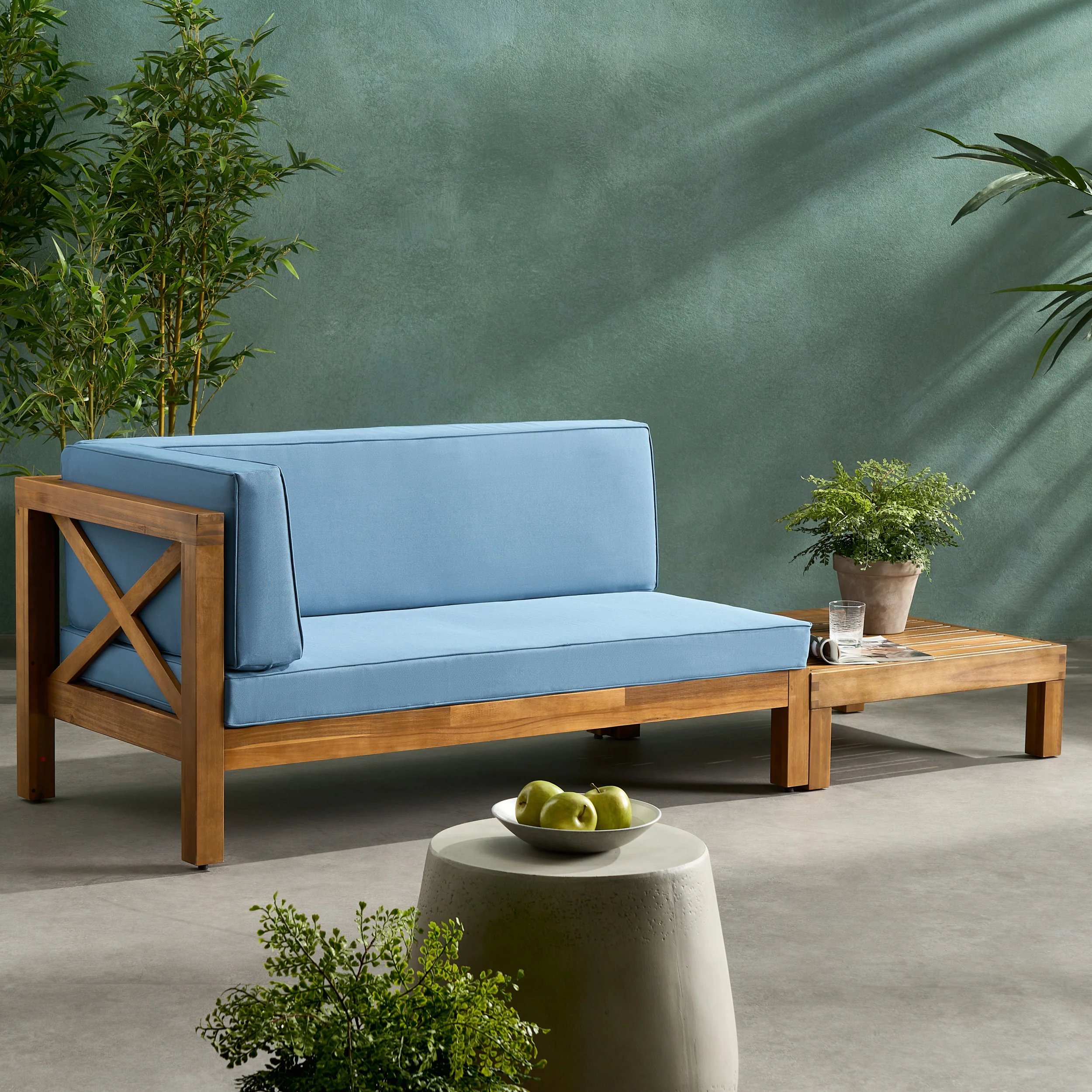 Keith Outdoor Acacia Wood Left Arm Loveseat and Coffee Table Set with Cushion - furnishings