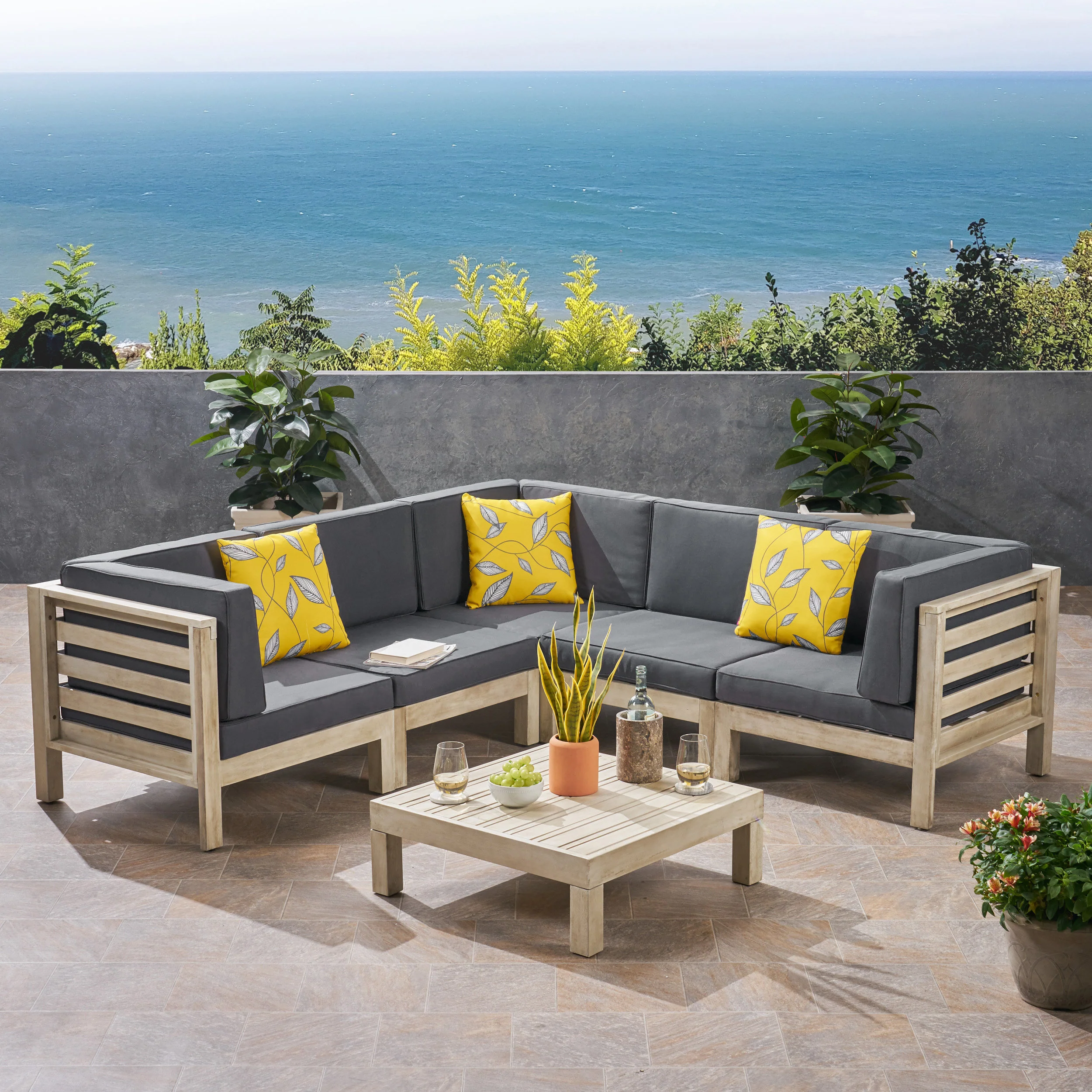 Dawson Outdoor V-Shaped Sectional Sofa Set with Coffee Table - 6-Piece 5-Seater - Acacia Wood - Outdoor Cushions - Weathered Gray and Dark Gray - furnishings