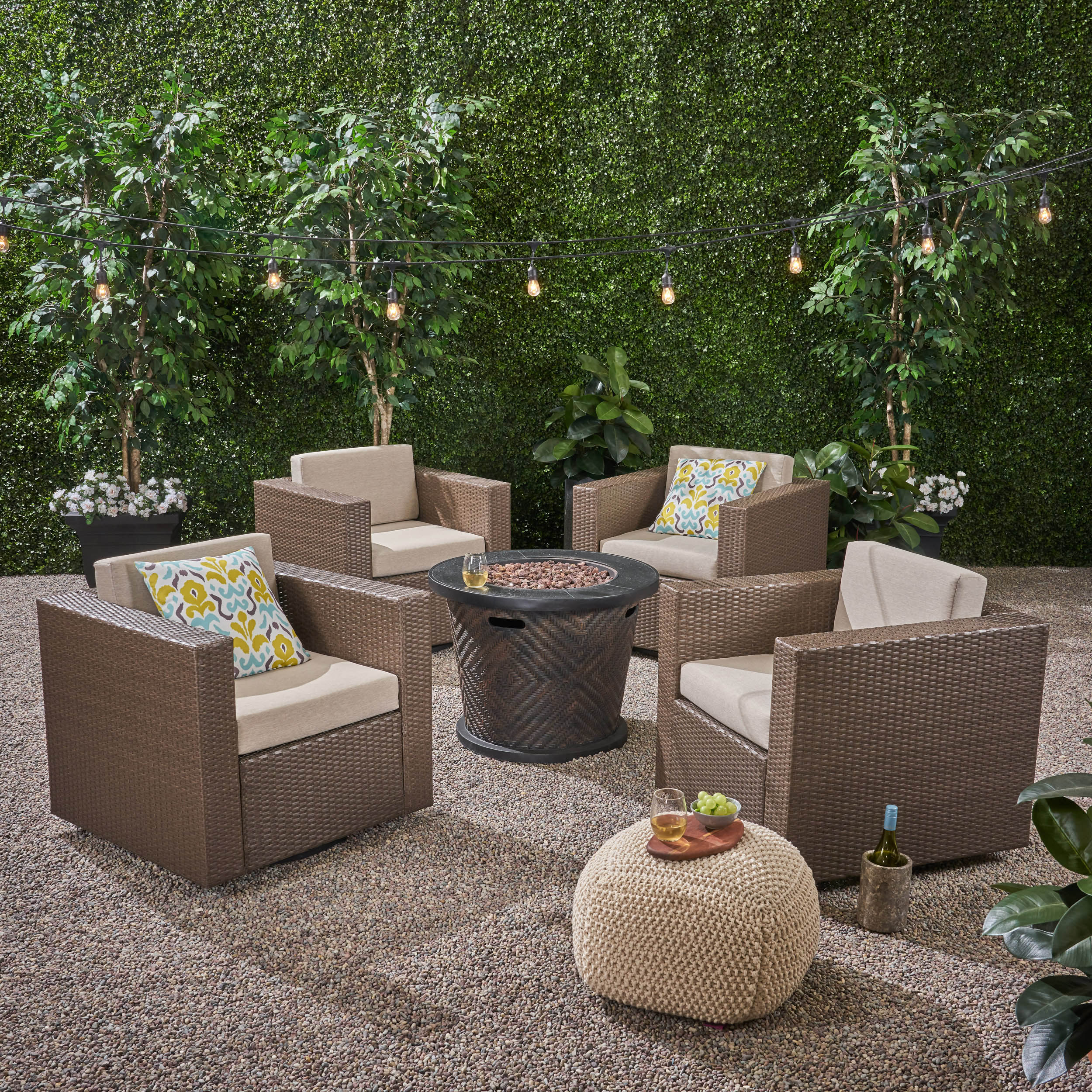 Liyam Outdoor 4 Piece Wicker Swivel Chair Set with Fire Pit, Brown and Brown - furnishings