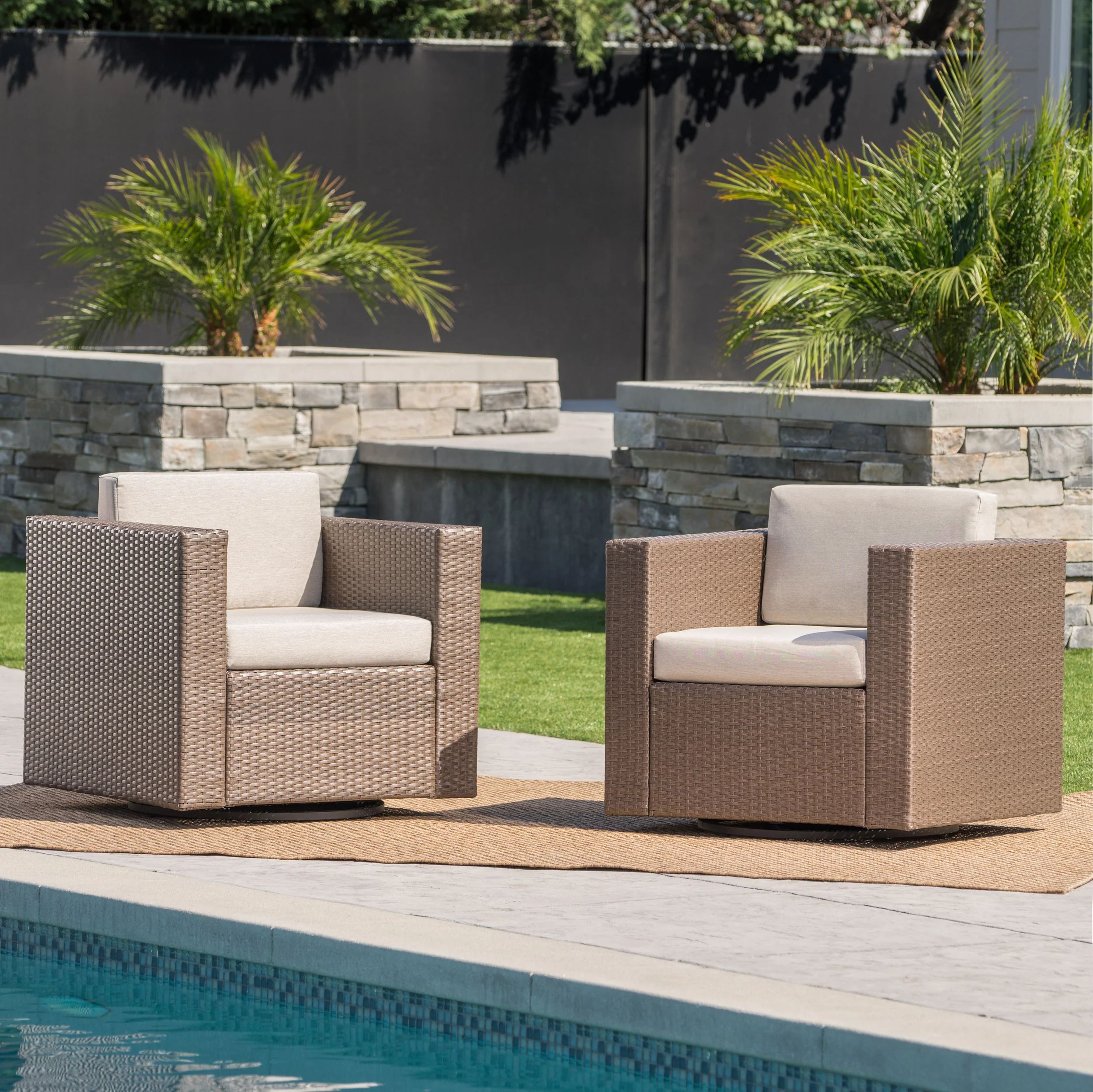 Venice Outdoor Wicker Swivel Club Chairs with Cushions, Set of 2 - furnishings