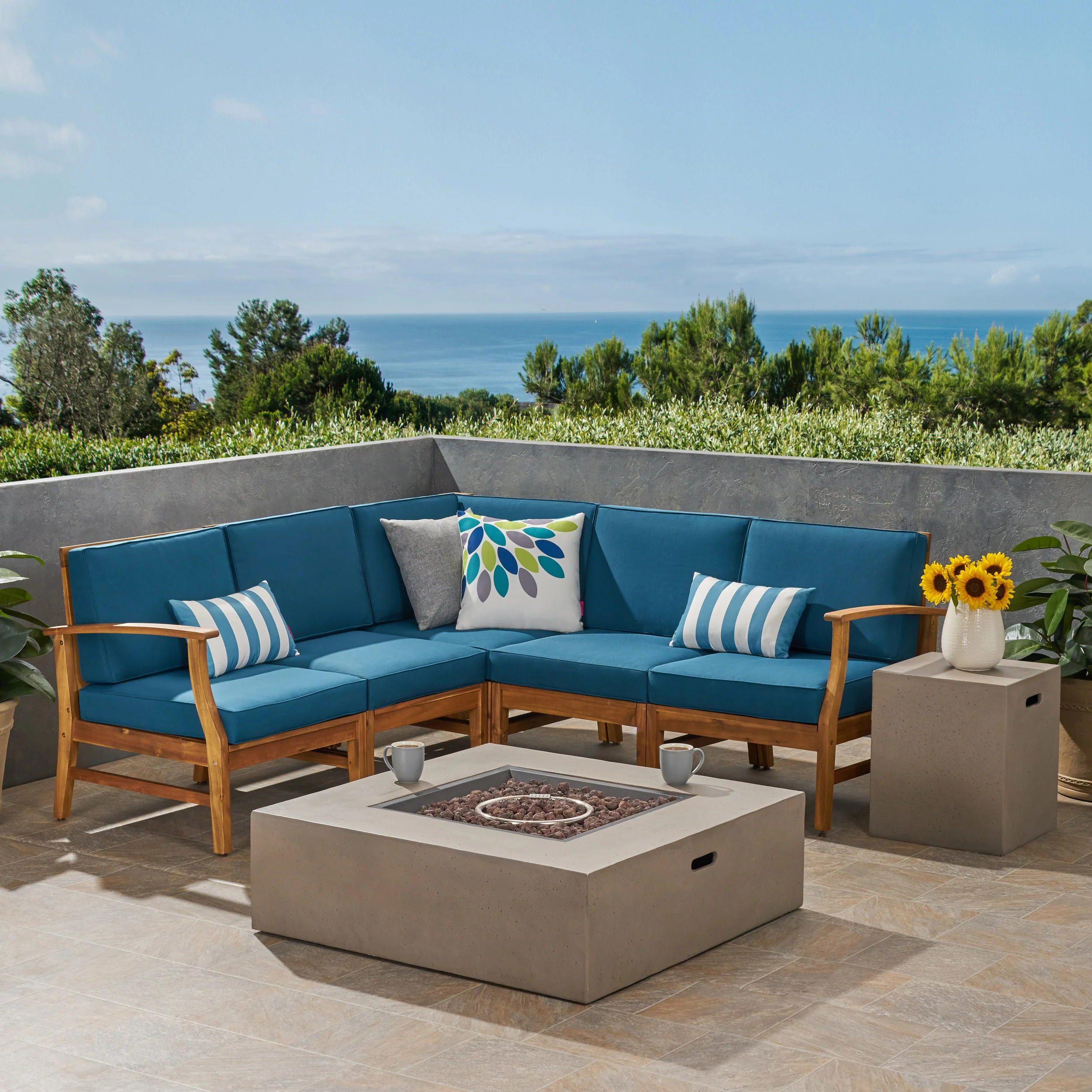 Nyeemah Outdoor 5 Seater V-Shaped Acacia Wood Sofa Set with Square Fire Table and Tank - furnishings