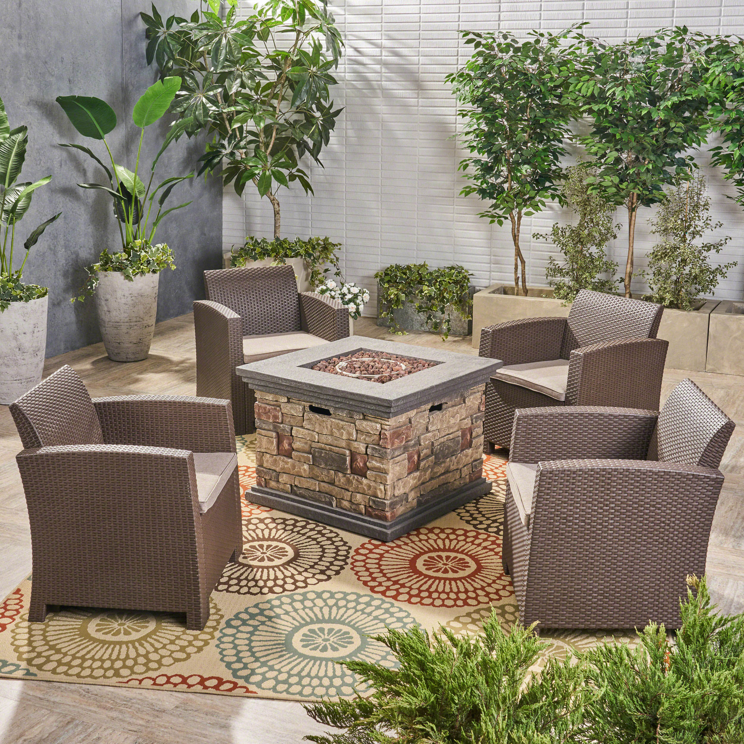 Casey Outdoor 4-Seater Wicker Print Club Chair Chat Set with Fire Pit - furnishings
