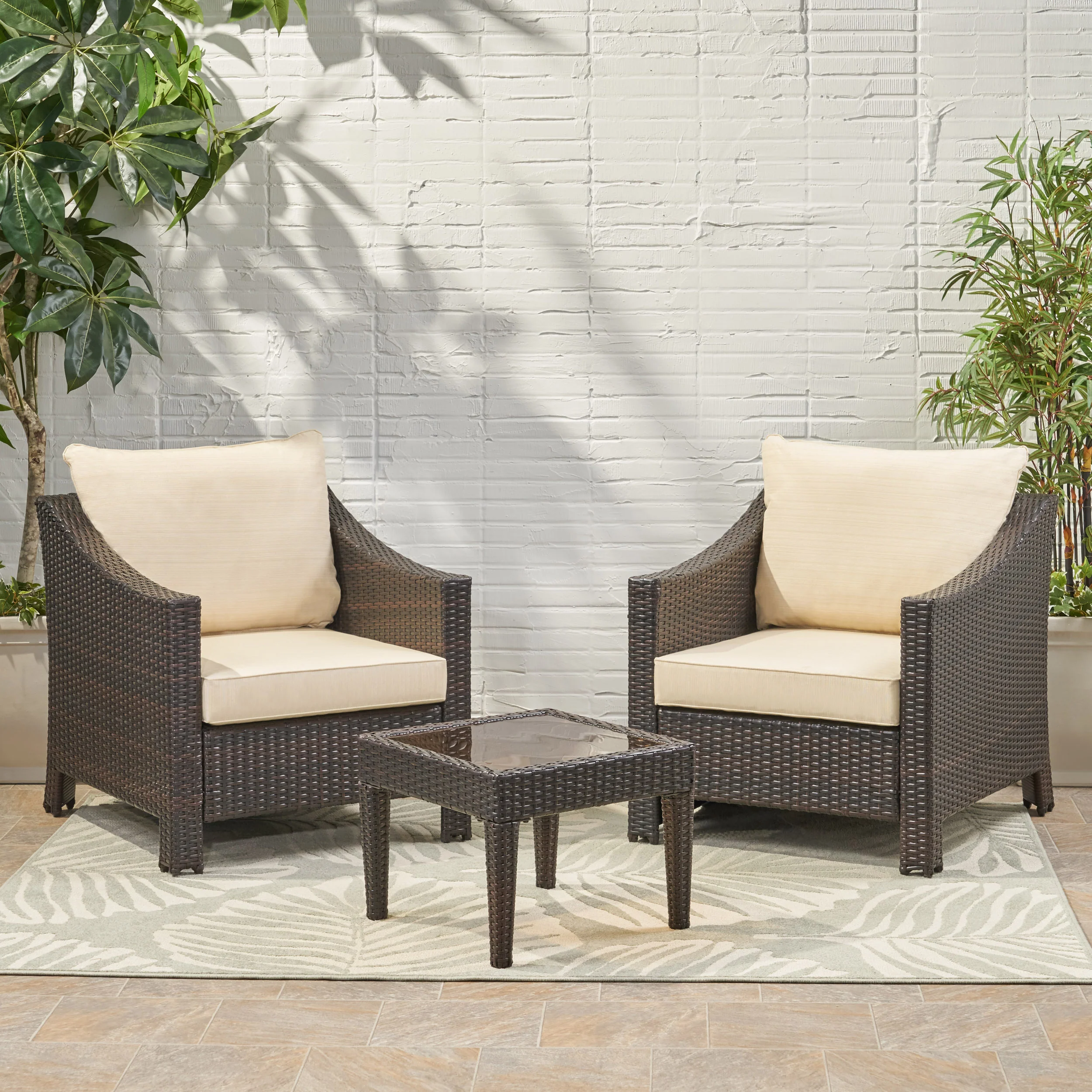 Jones Outdoor 3-piece Brown Wicker Bistro Set with Cushions - furnishings