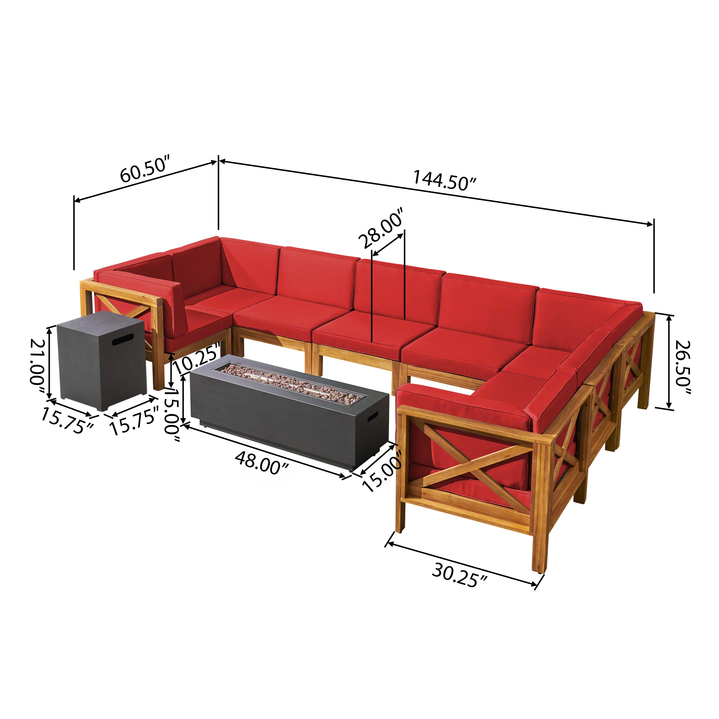 Muriel Outdoor Farmhouse Acacia Wood 8 Seater U-Shaped Sectional Sofa Set with Fire Pit - furnishings