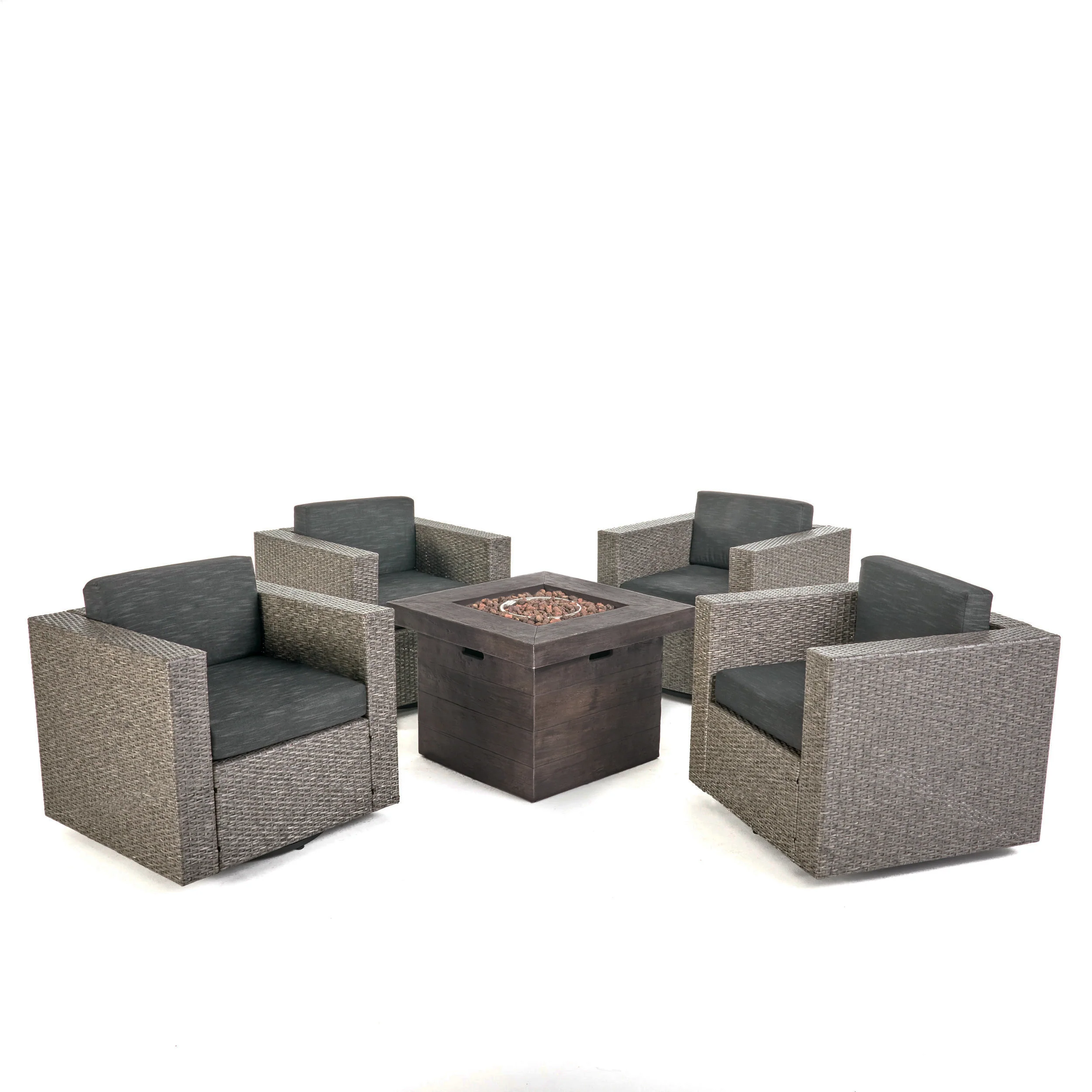 Venice Outdoor 5 Piece Chat Set with Mixed Black Wicker Chairs and Fire Pit - furnishings