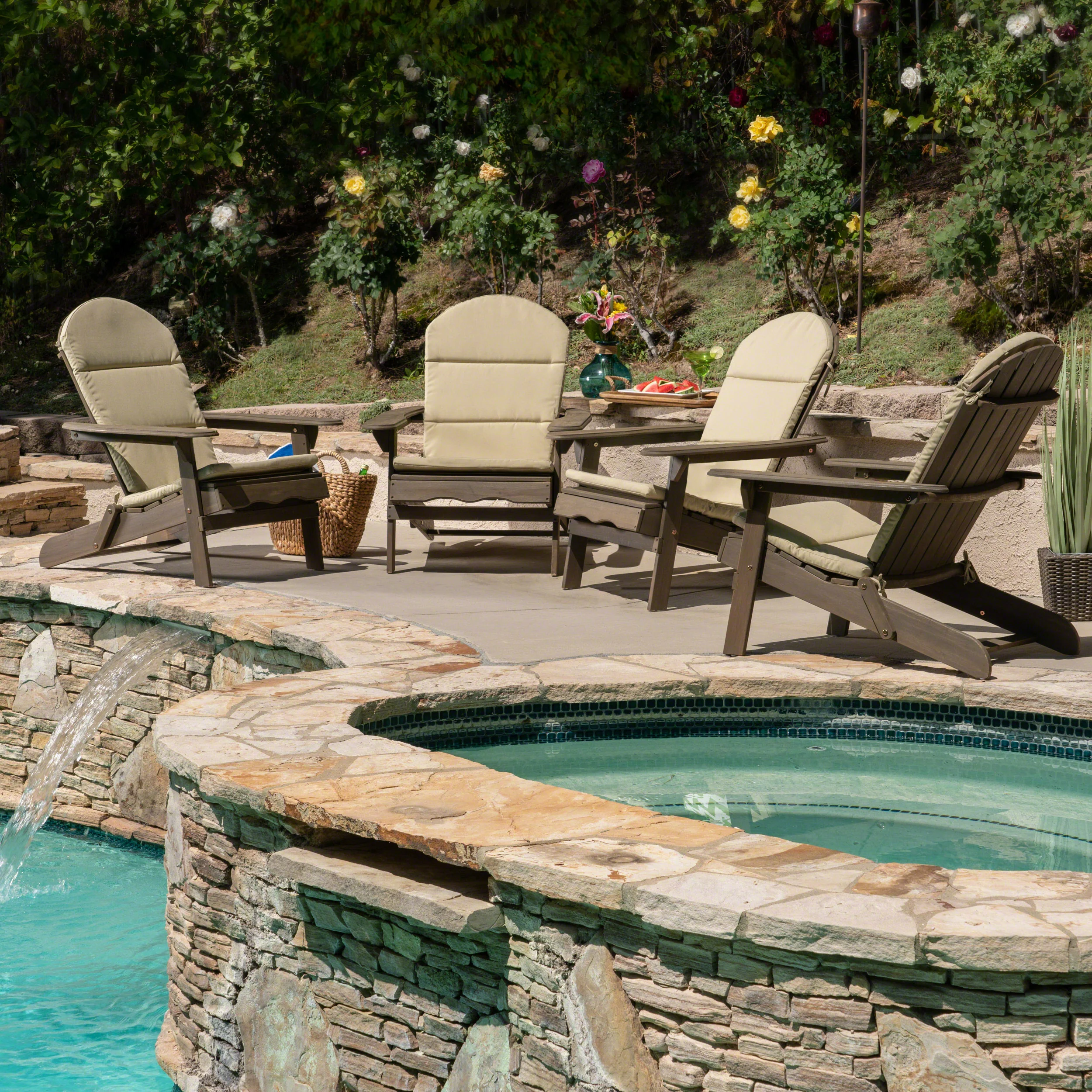 Amenda Outdoor Acacia Wood Folding Adirondack Chairs with Cushions - furnishings