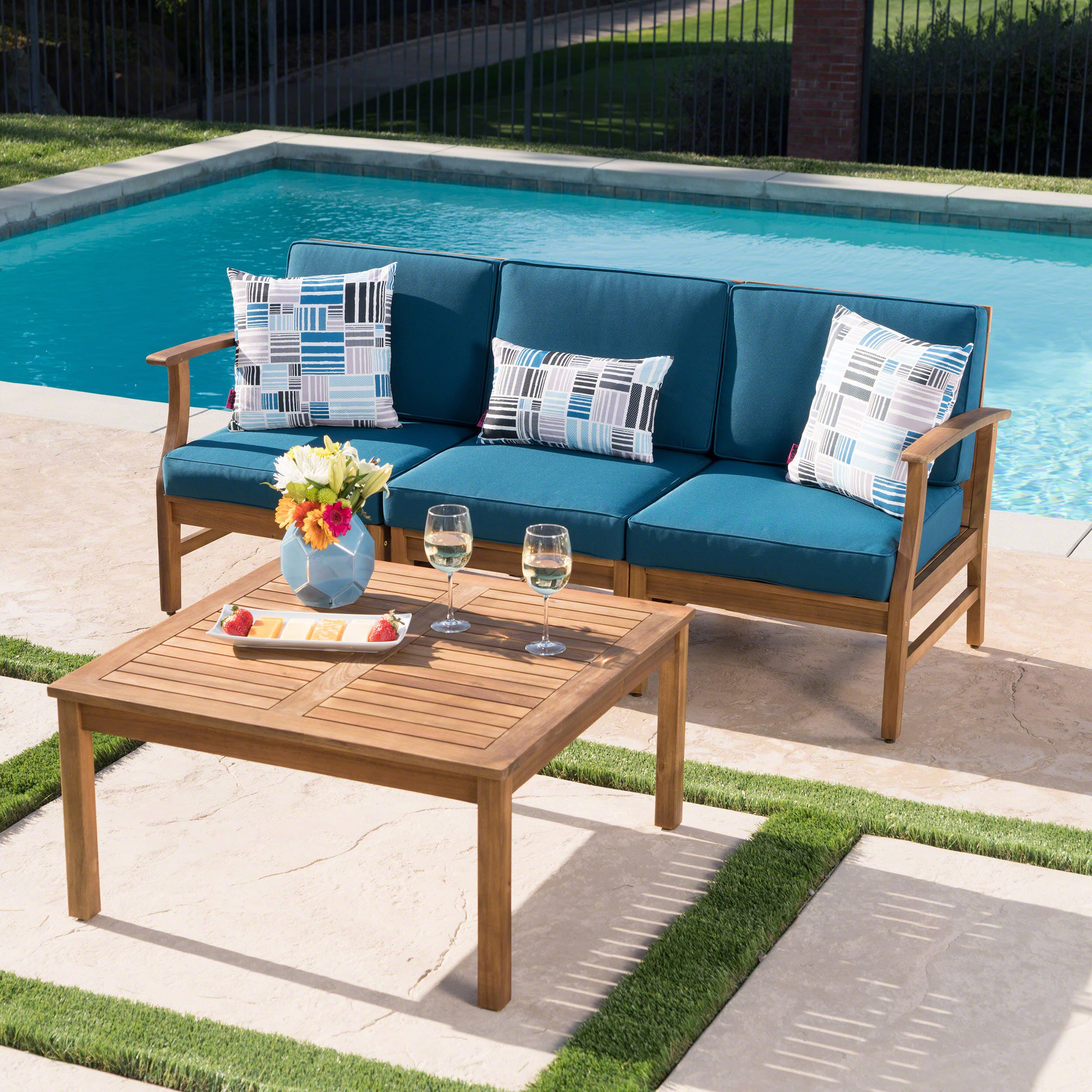 Scarlett Outdoor 3 Seat Teak Finished Acacia Wood Sofa and Table Set - furnishings