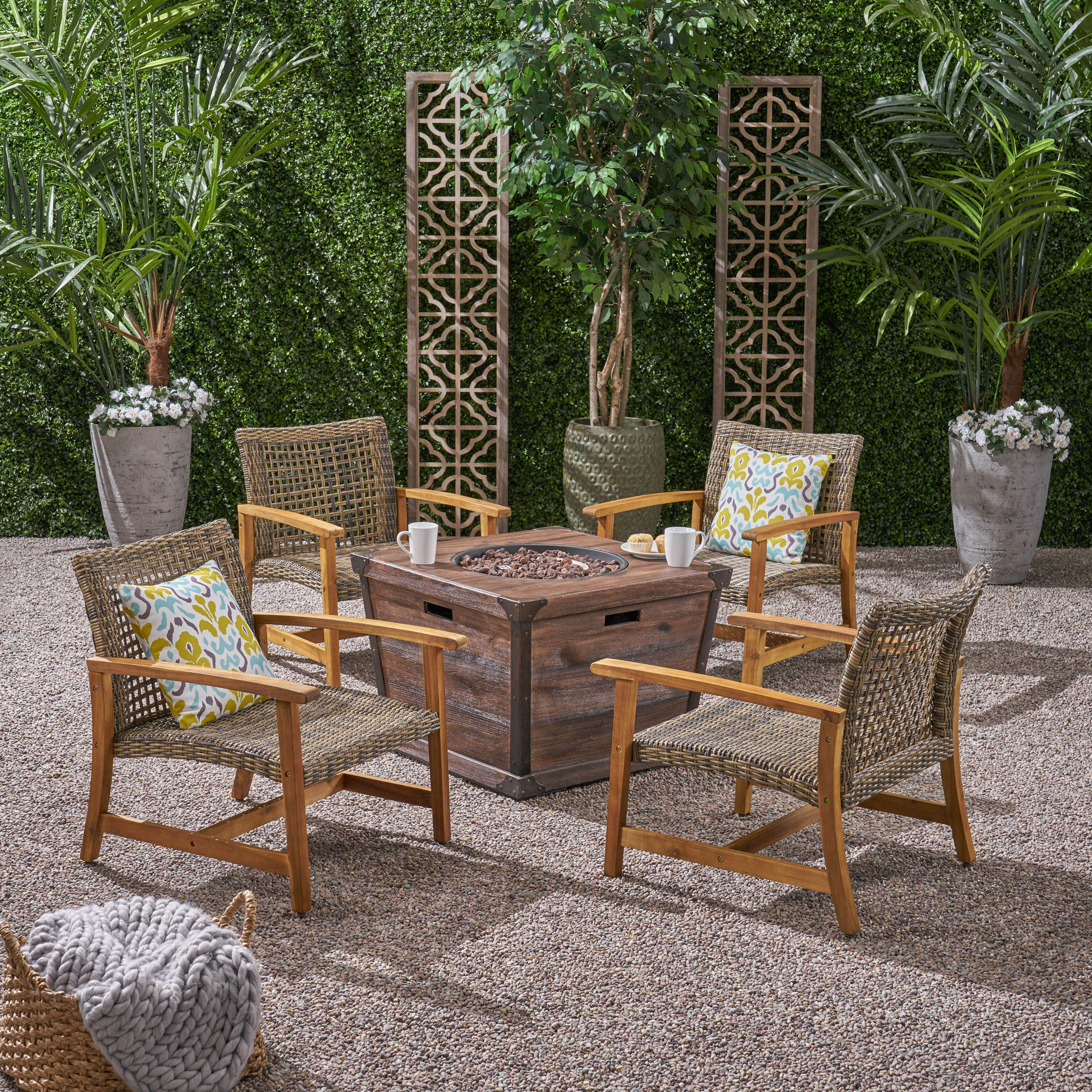 Levant Outdoor 4-Seater Wood and Wicker Club Chair Set with Fire Pit - furnishings