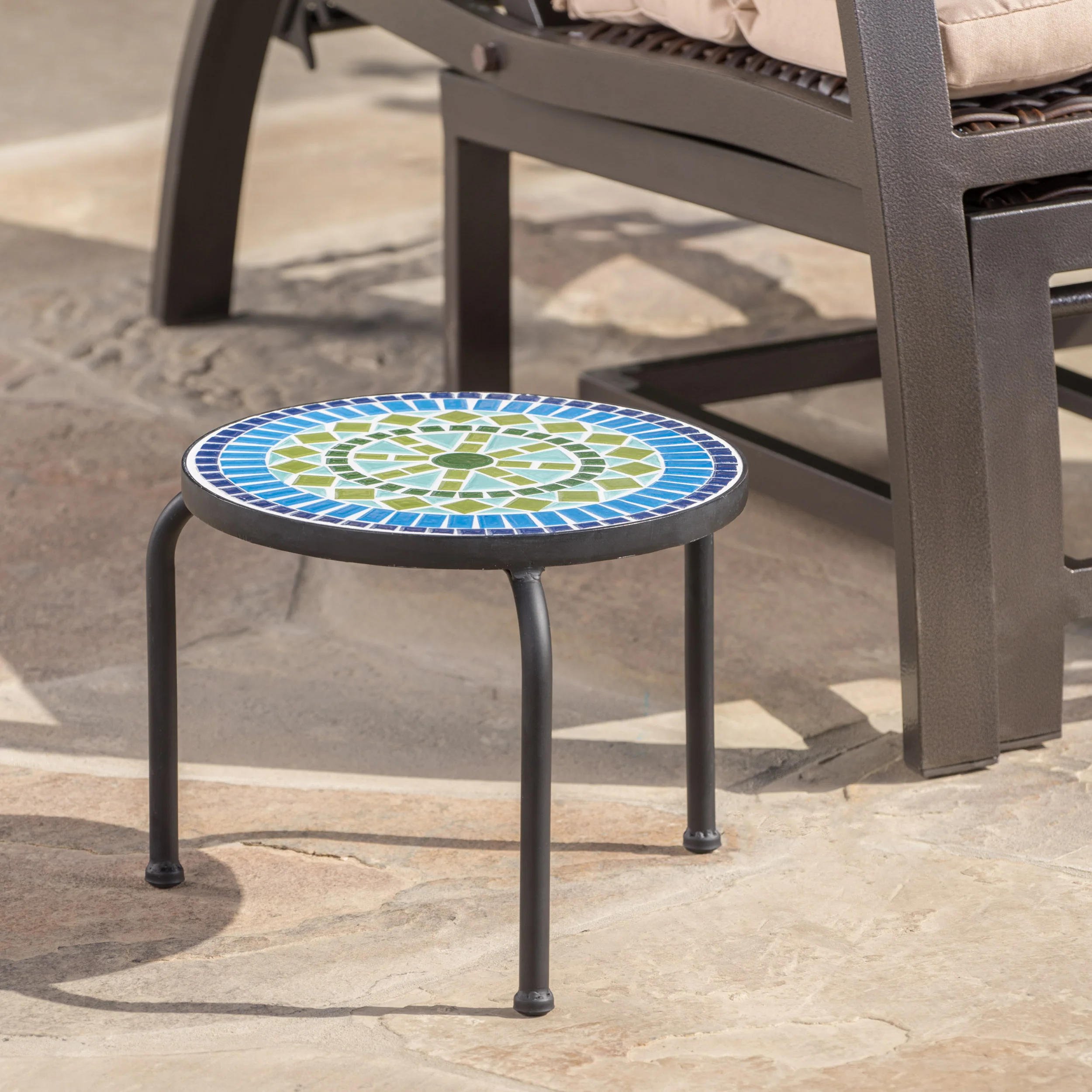 Isildur Outdoor Blue & Green Ceramic Tile Iron Frame Side Table - furnishings