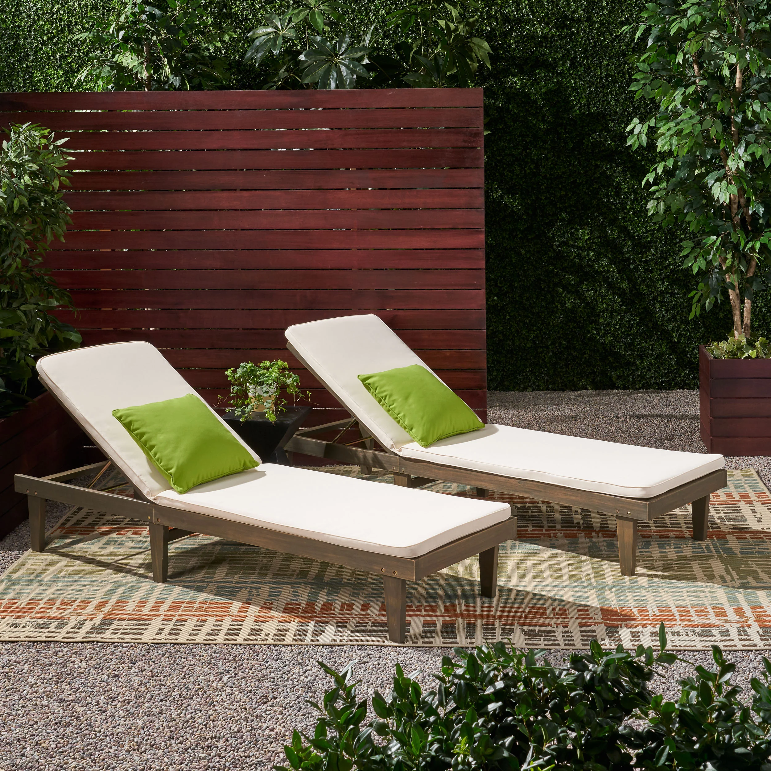 Nadine Outdoor Modern Acacia Wood Chaise Lounge with Cushion (Set of 2) - furnishings