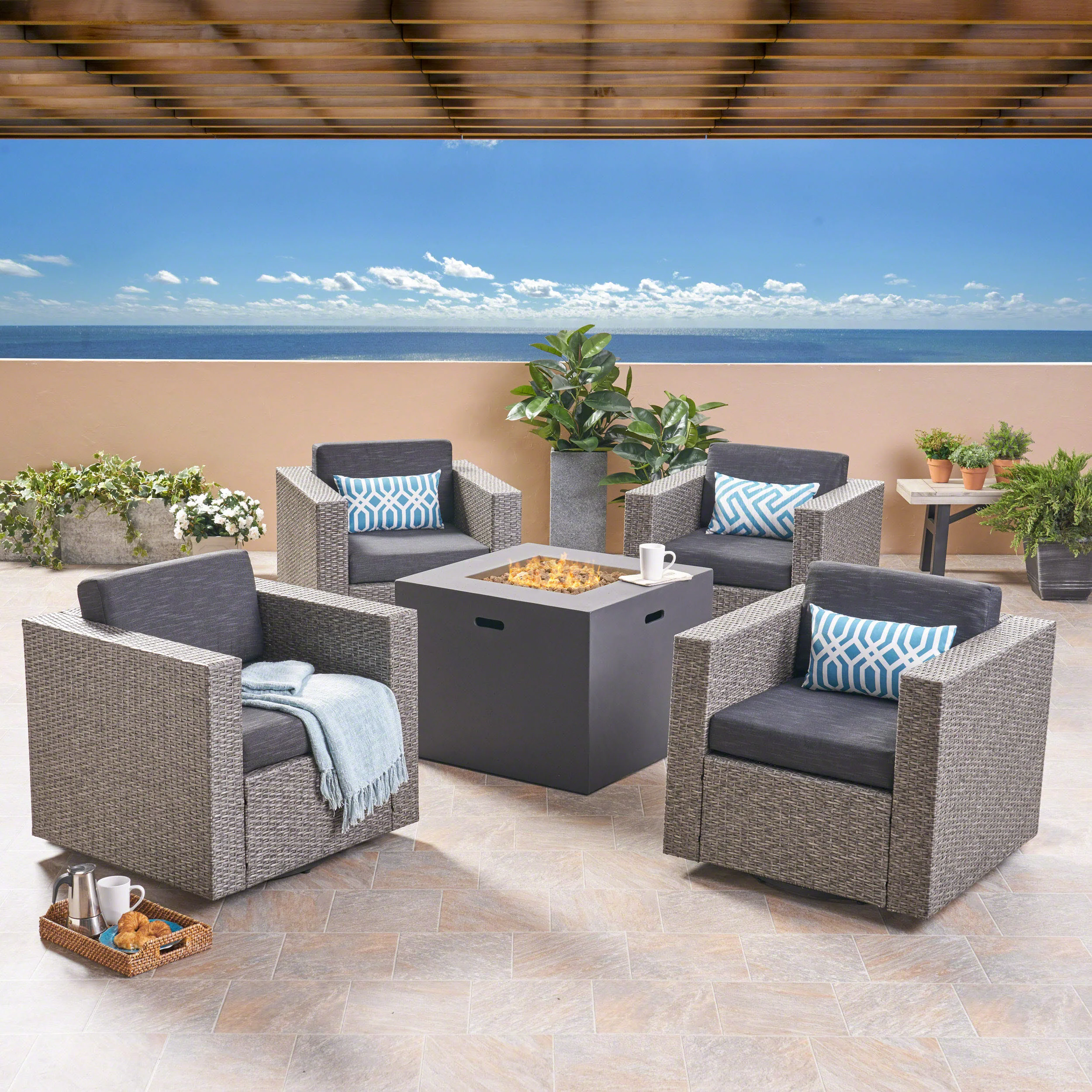 Fuller Outdoor 4 Piece Club Chair Set with Square Fire Pit - furnishings