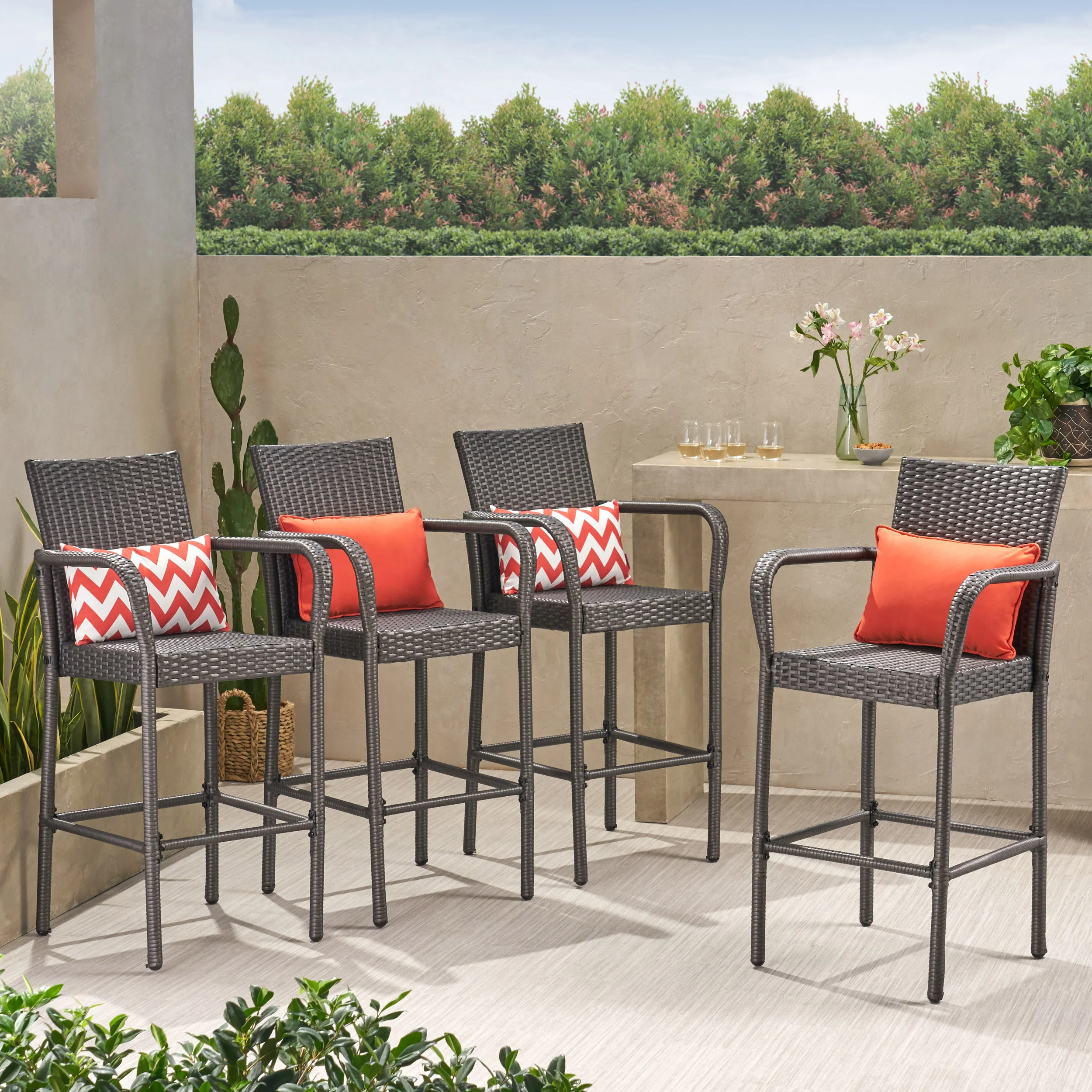 Dunedin Outdoor Coastal Wicker Backed Barstools with Arms - furnishings