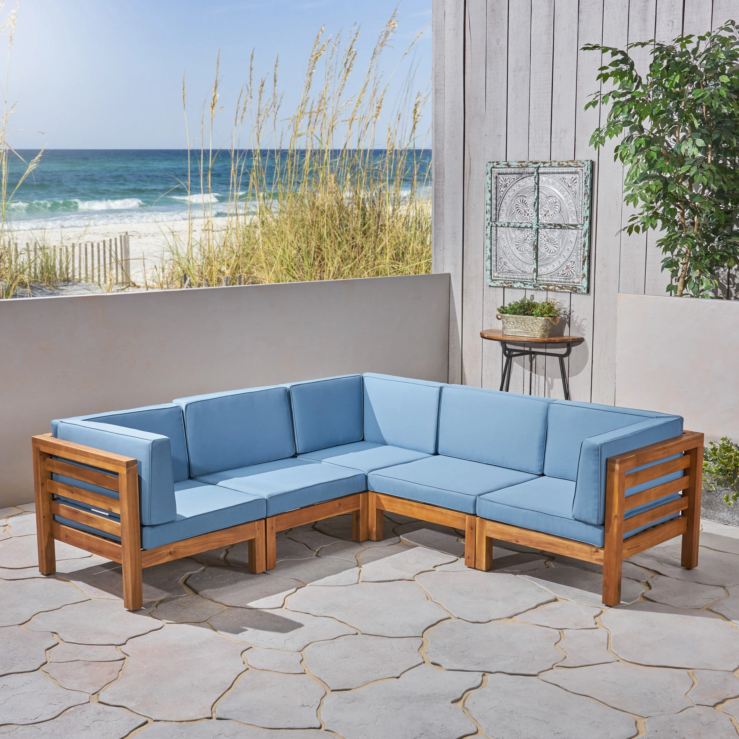 Dawson Outdoor V-Shaped Sectional Sofa Set - 5-Seater - Acacia Wood - Outdoor Cushions - furnishings