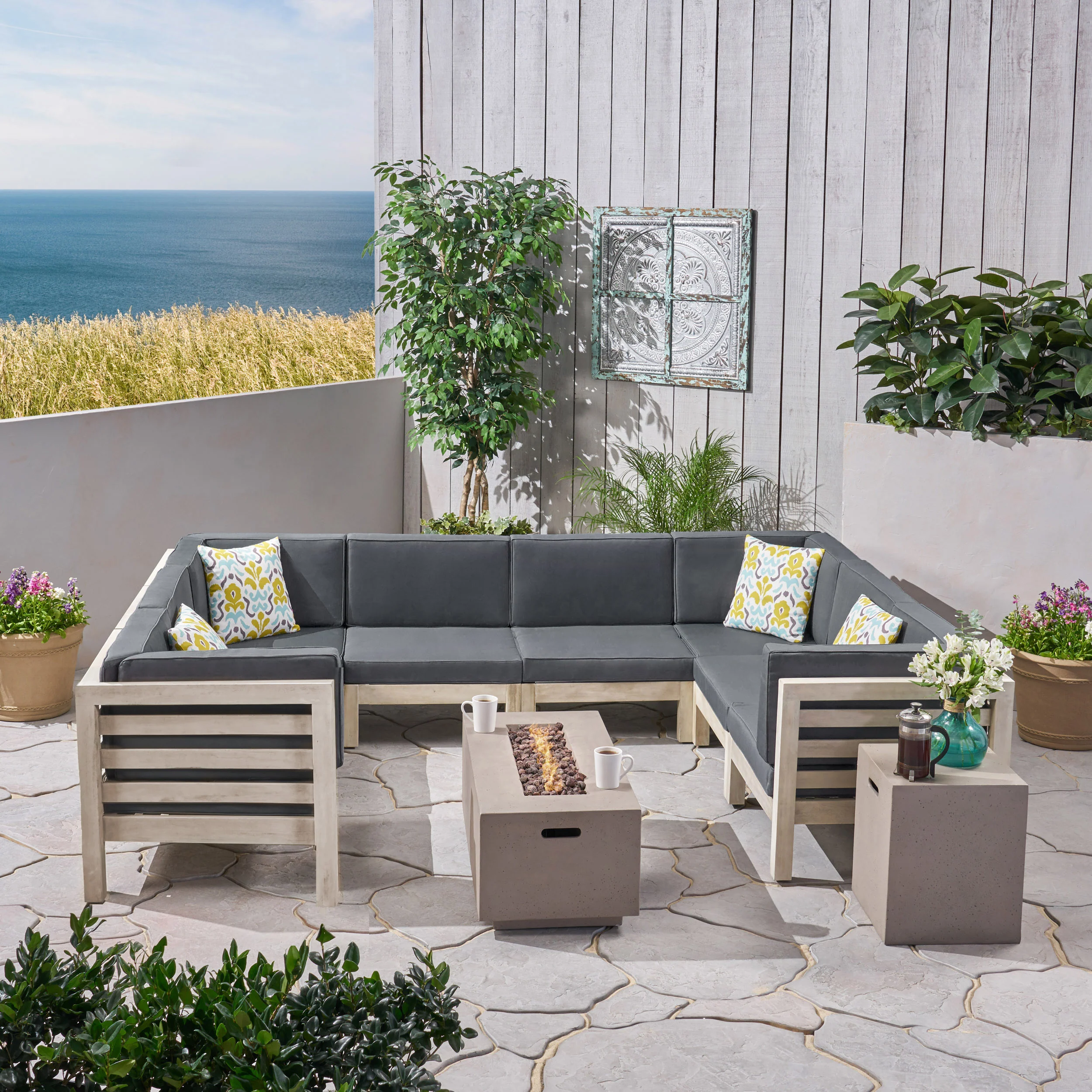 Ravello Outdoor U-Shaped Sectional Sofa Set with Fire Pit - furnishings