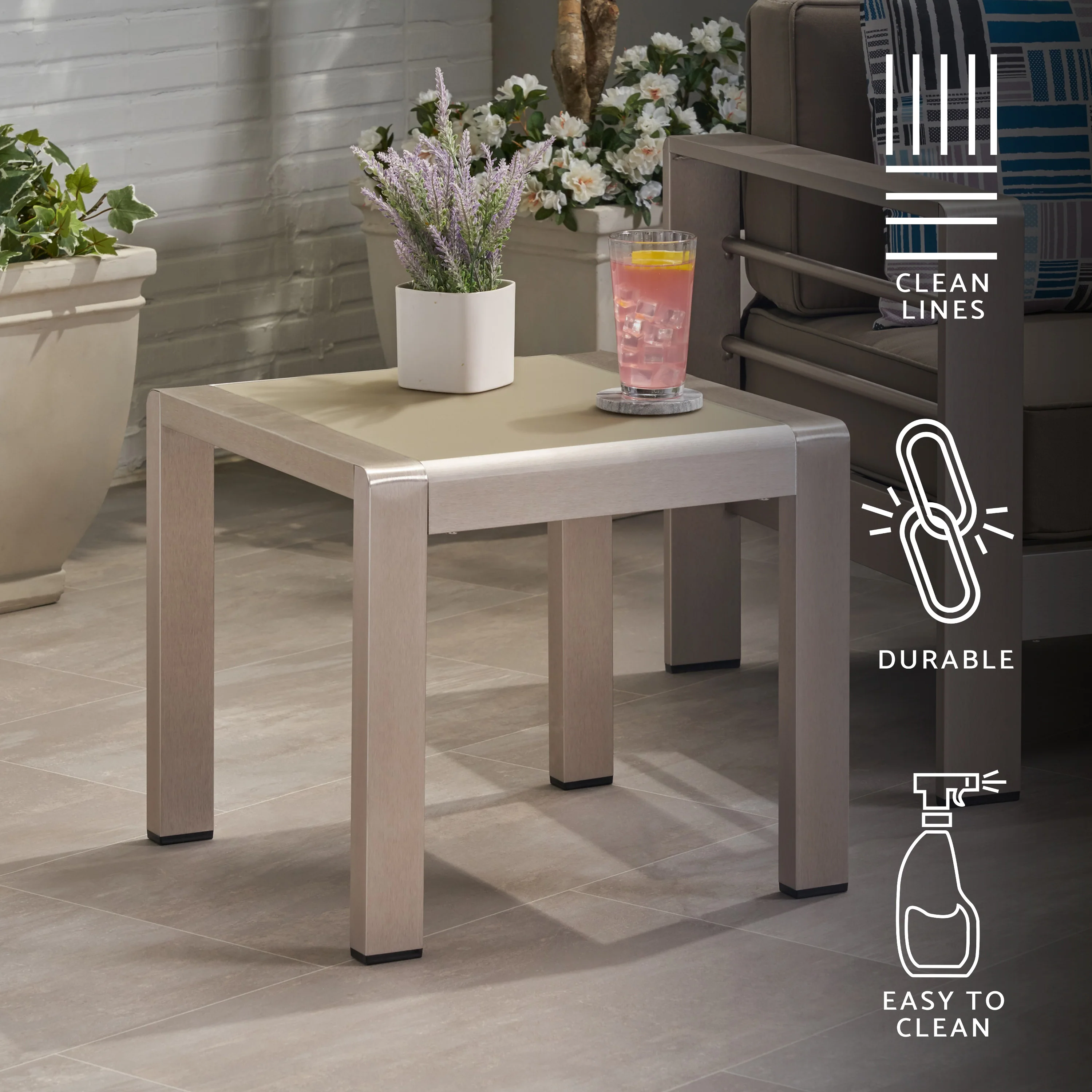 Giovanna Coral Outdoor Aluminum Side Table with Glass Top - furnishings