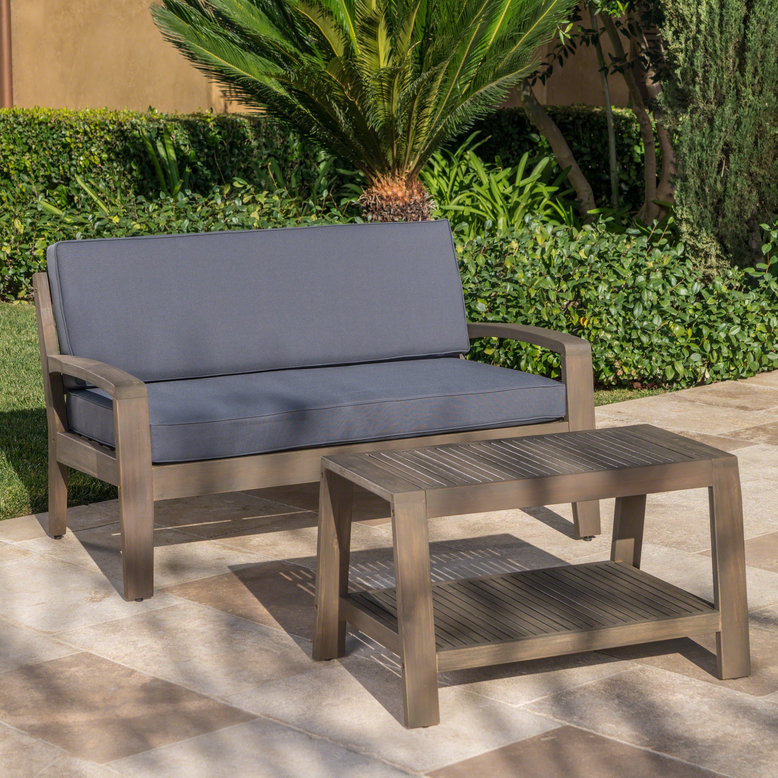 Christian Outdoor Acacia Wood Loveseat and Coffee Table Set with Cushions - furnishings